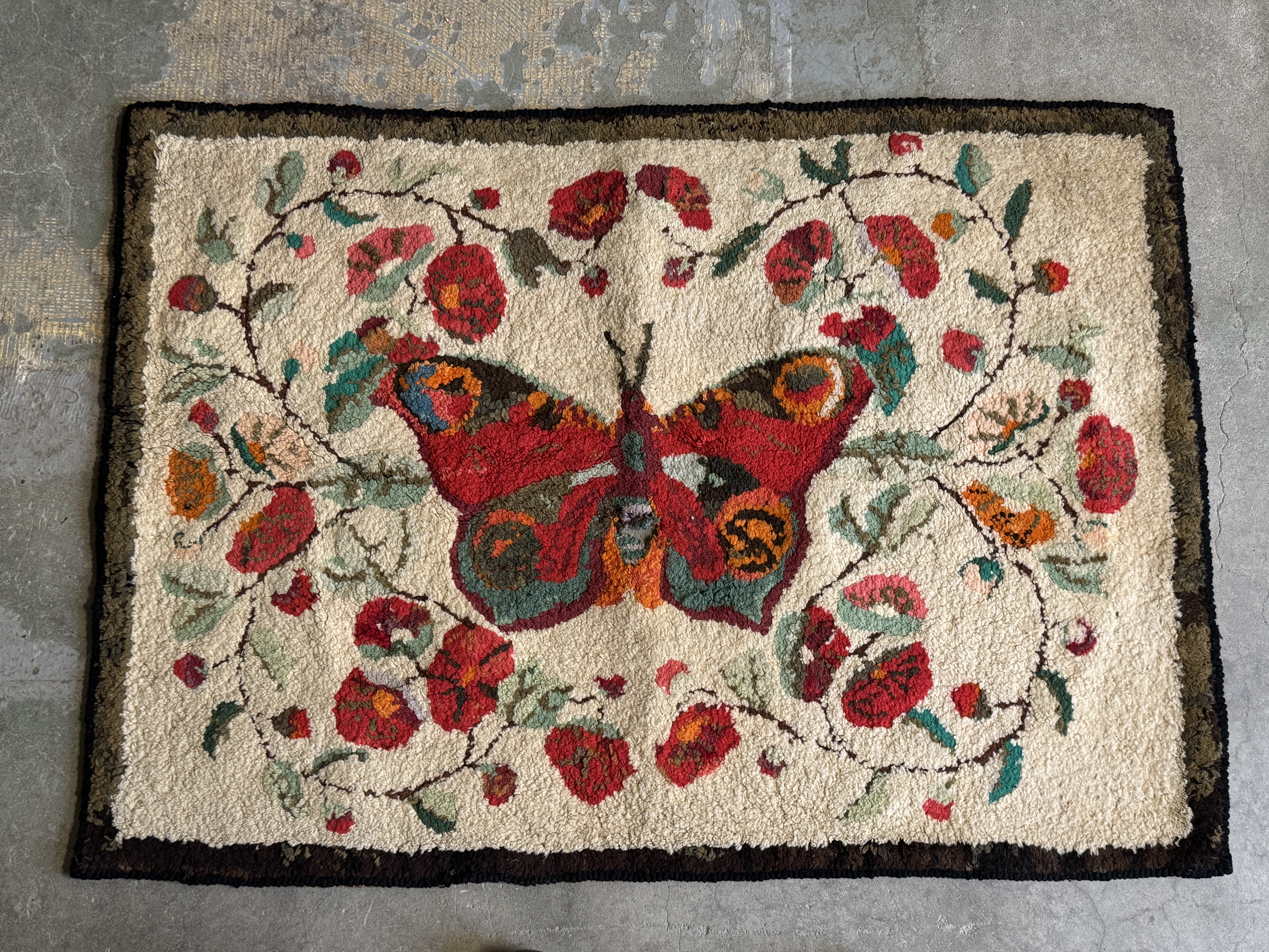 American Folk Art Hooked Wool Rug with Butterfly Motif