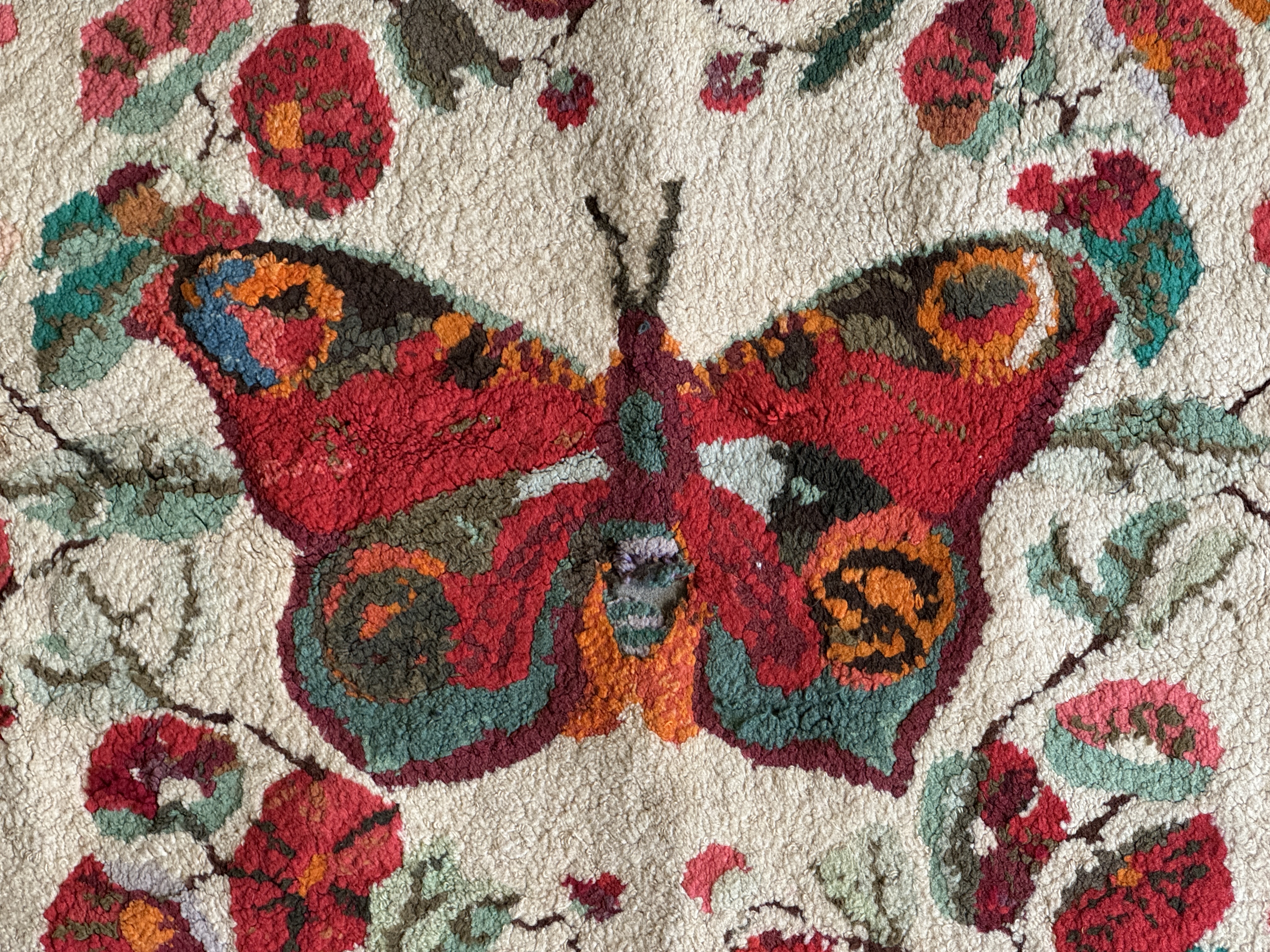 American Folk Art Hooked Wool Rug with Butterfly Motif