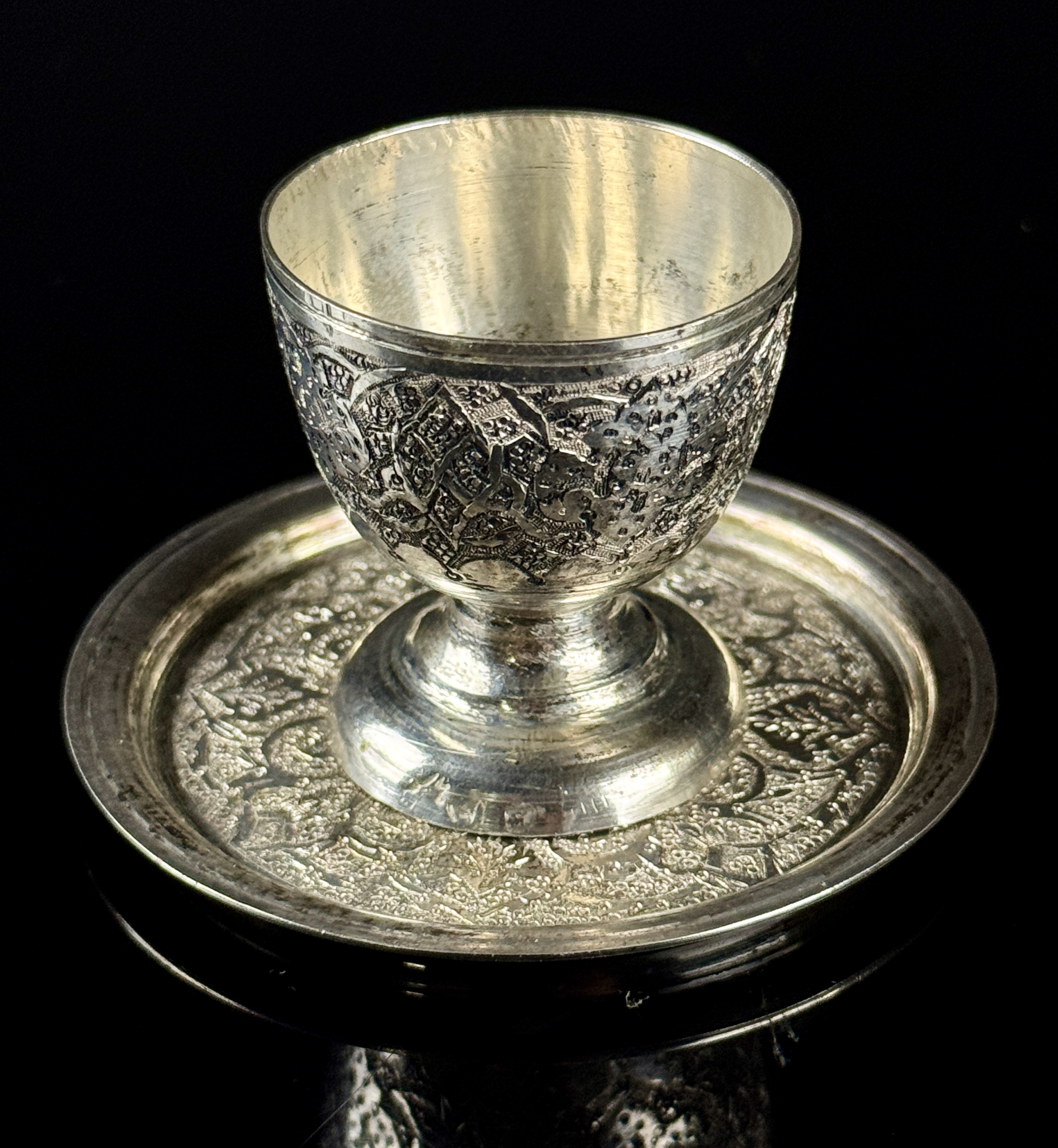 Persian Silver Small Goblet and Saucer Set, Isfahan Ghalam-zani Style, .875 Fine