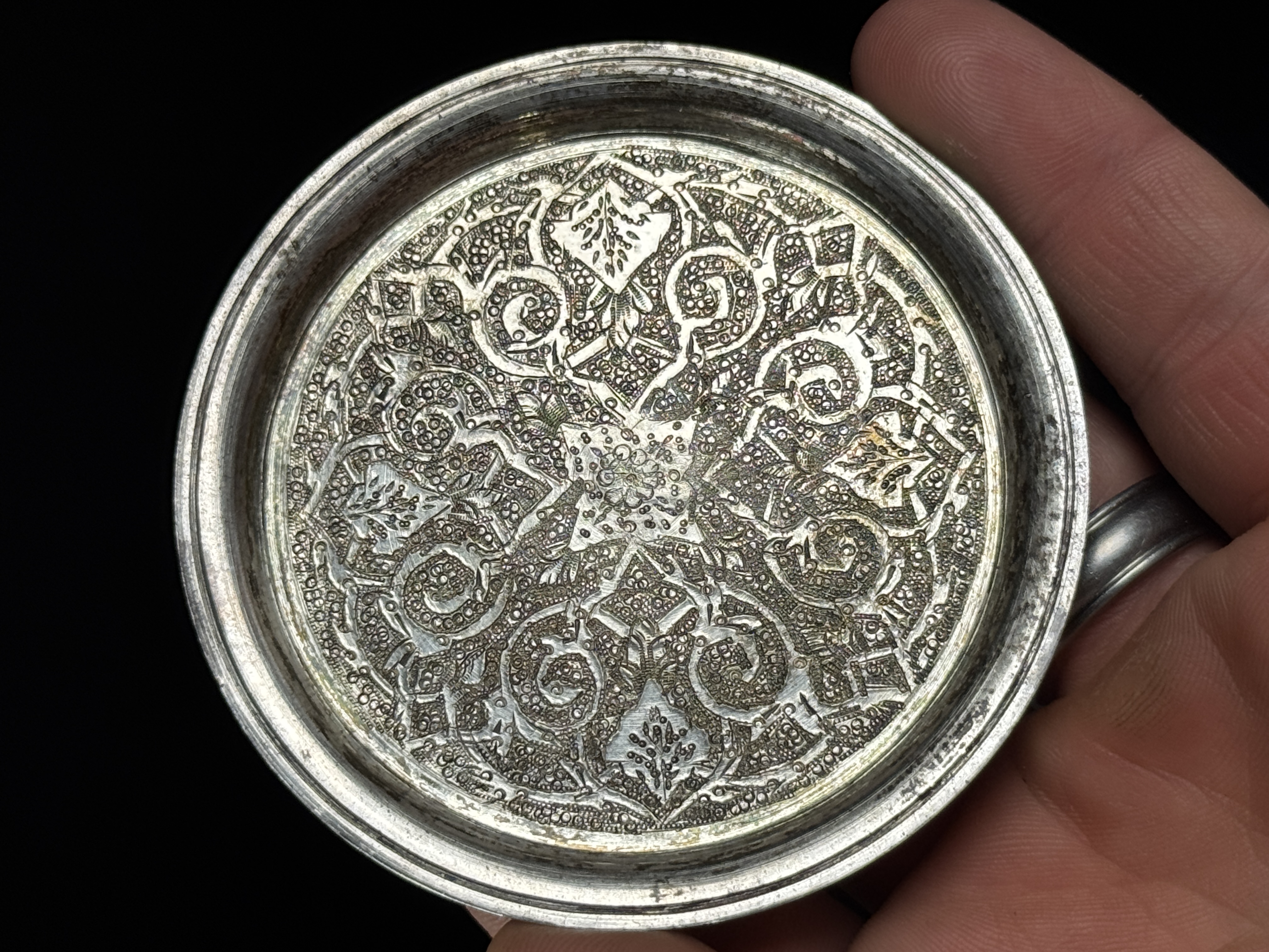 Persian Silver Small Goblet and Saucer Set, Isfahan Ghalam-zani Style, .875 Fine