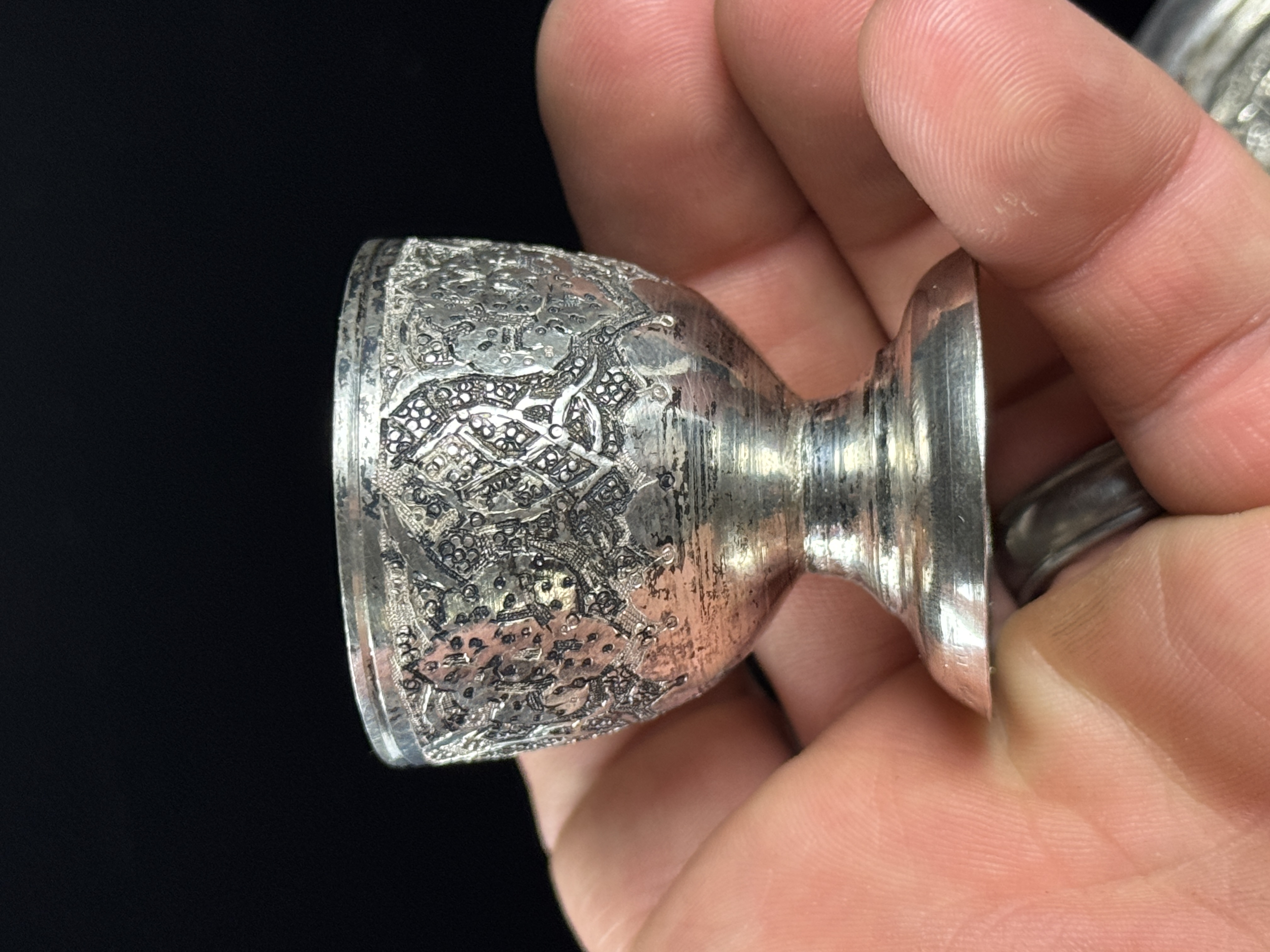 Persian Silver Small Goblet and Saucer Set, Isfahan Ghalam-zani Style, .875 Fine