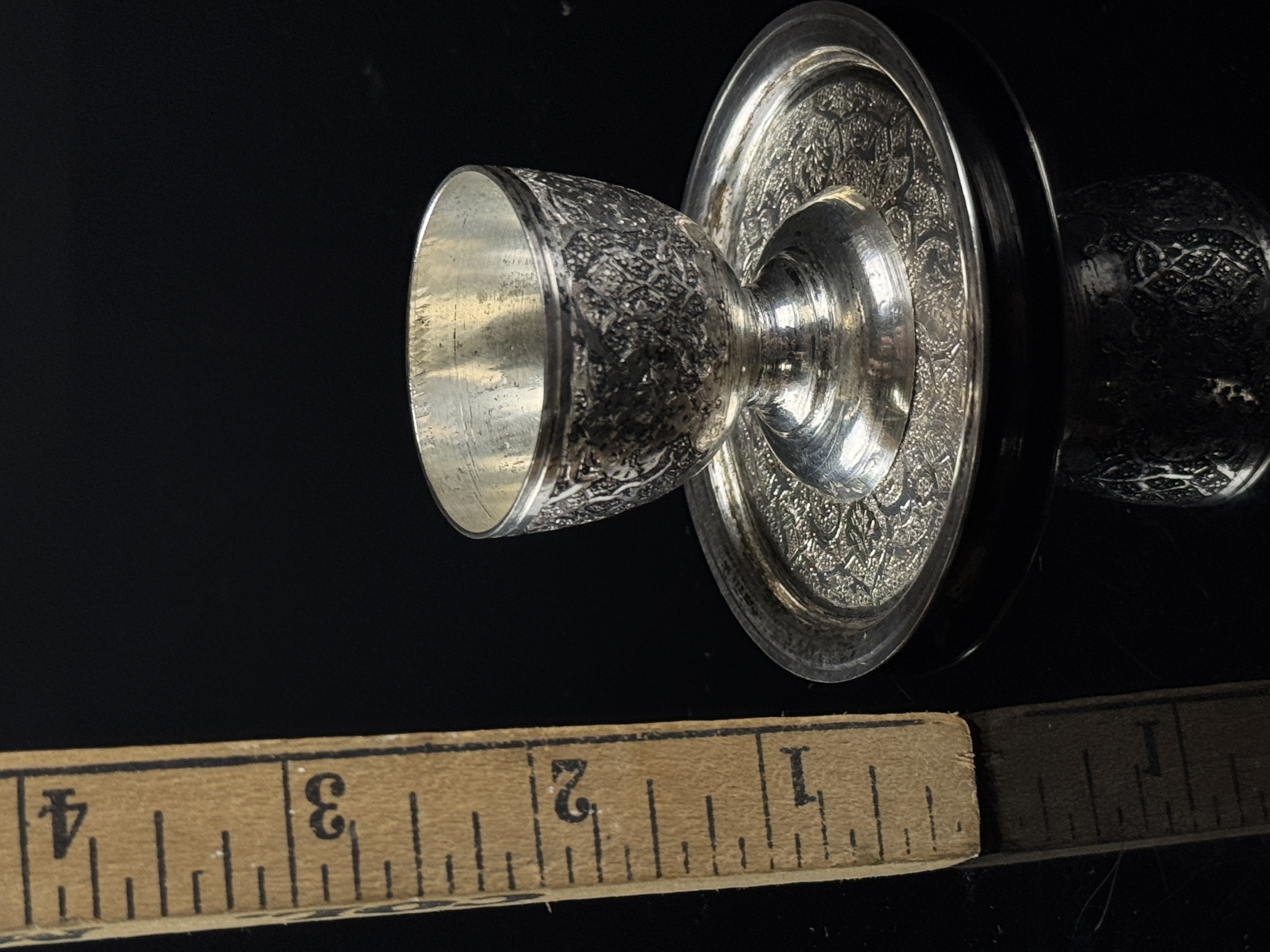 Persian Silver Small Goblet and Saucer Set, Isfahan Ghalam-zani Style, .875 Fine