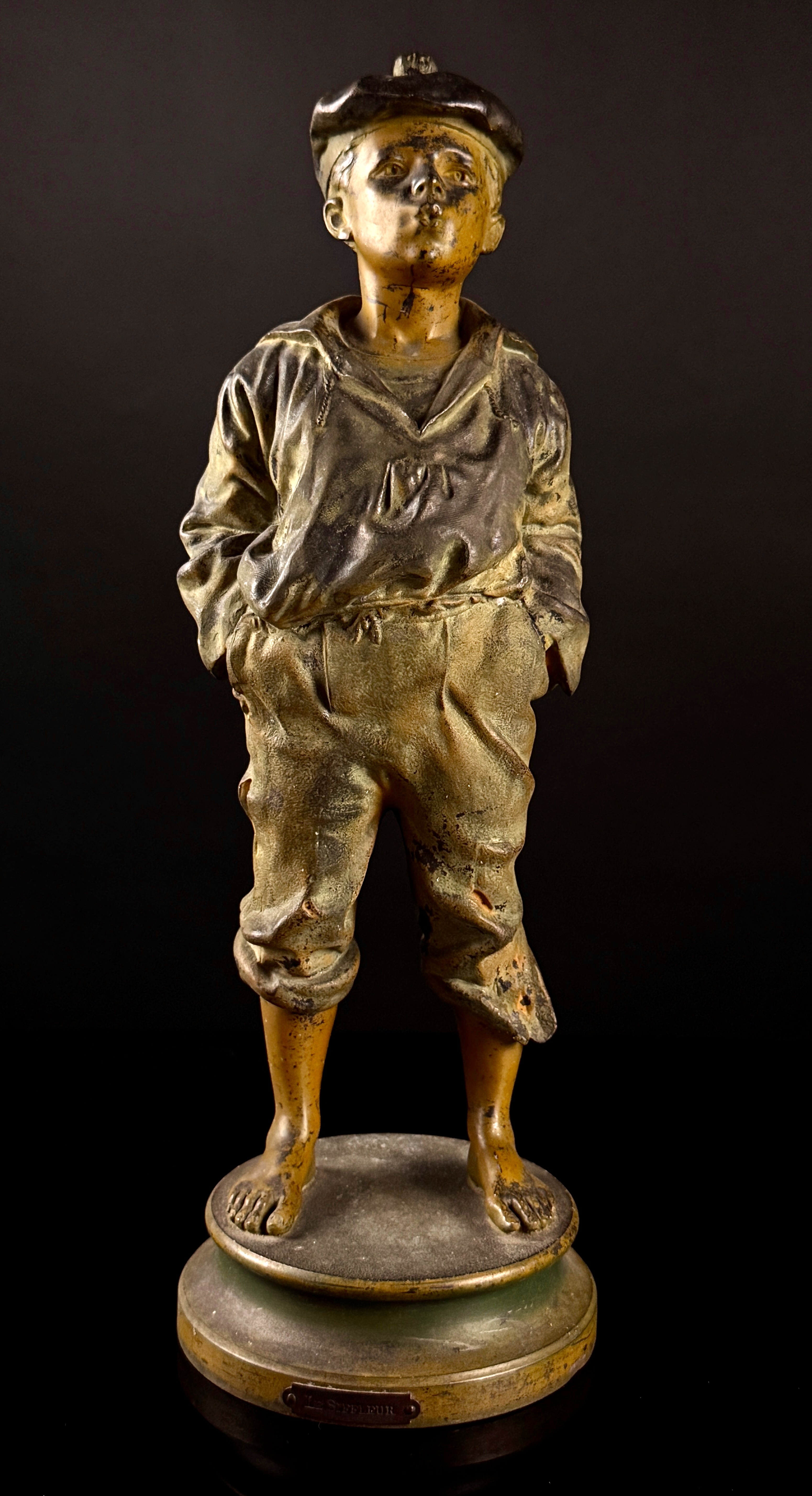 Attributed to Waclaw Szczeblewski, Le Siffleur, Cast Metal Sculpture of a Whistling Boy