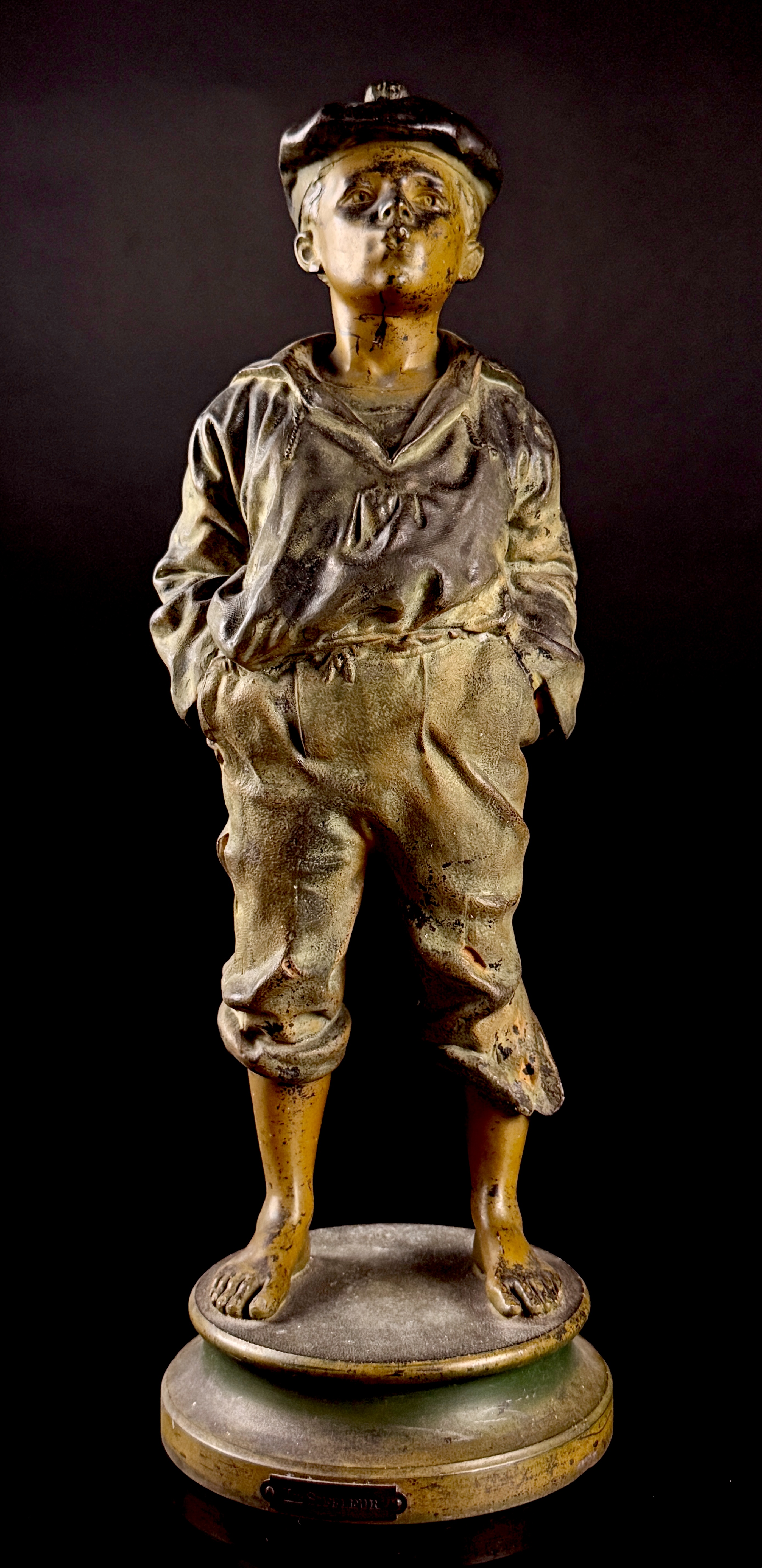 Attributed to Waclaw Szczeblewski, Le Siffleur, Cast Metal Sculpture of a Whistling Boy