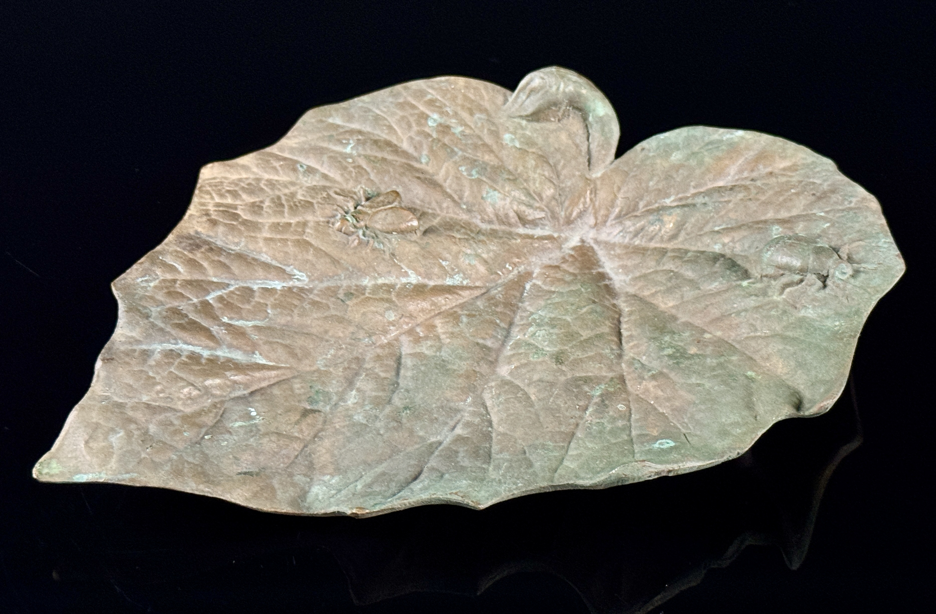 Art Nouveau Cast Bronze Leaf-Form Tray with Insects Signed M.H. DEP