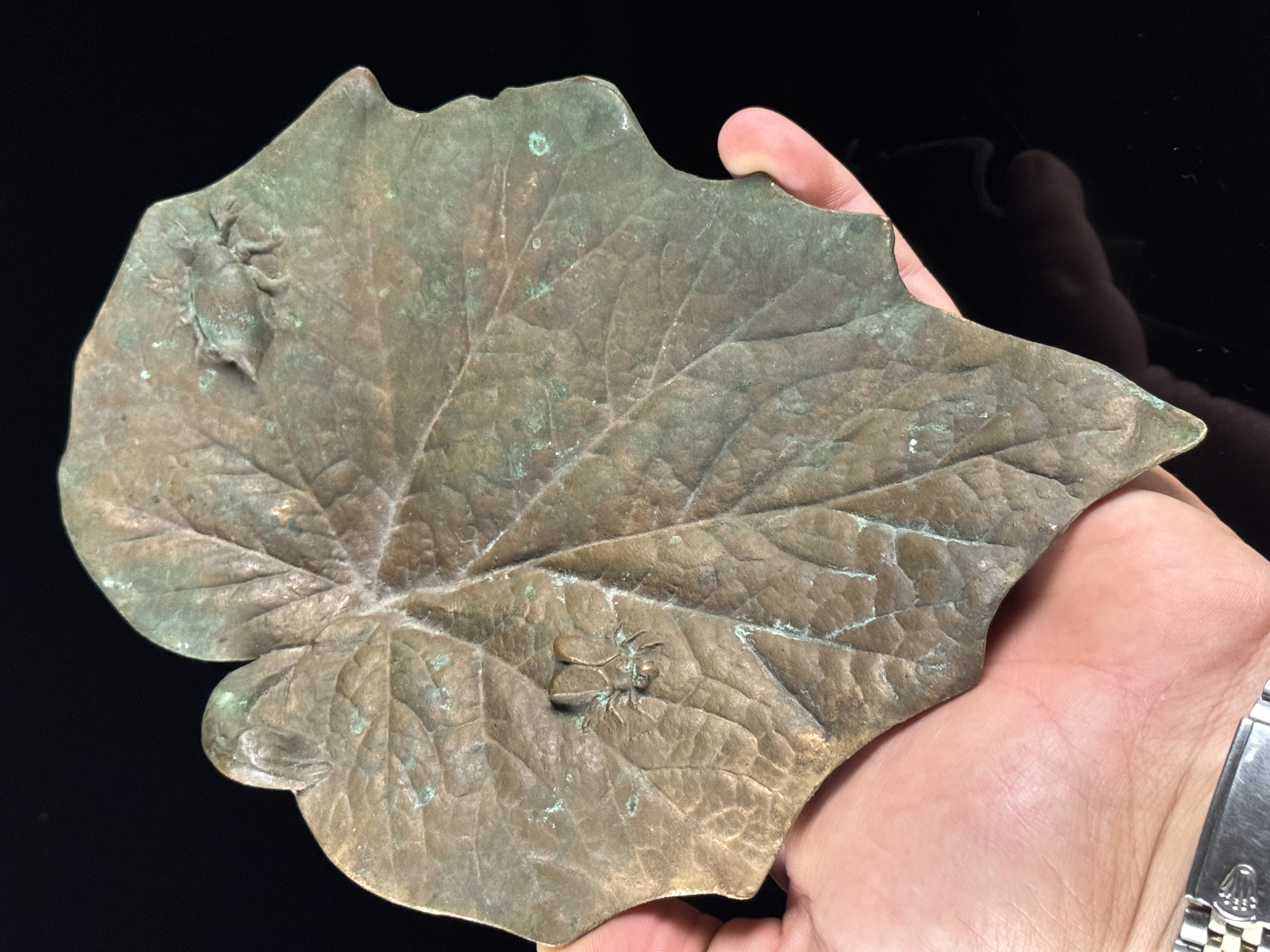 Art Nouveau Cast Bronze Leaf-Form Tray with Insects Signed M.H. DEP