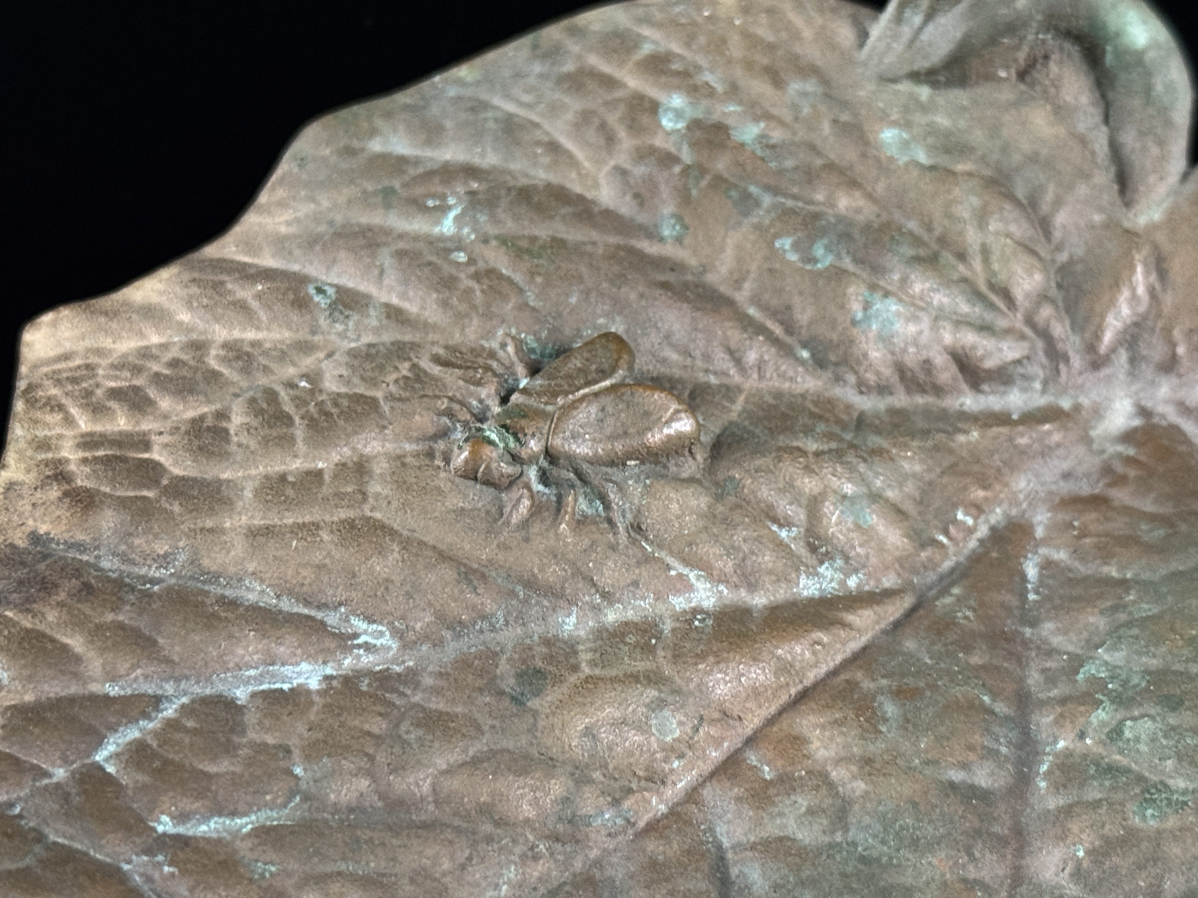 Art Nouveau Cast Bronze Leaf-Form Tray with Insects Signed M.H. DEP