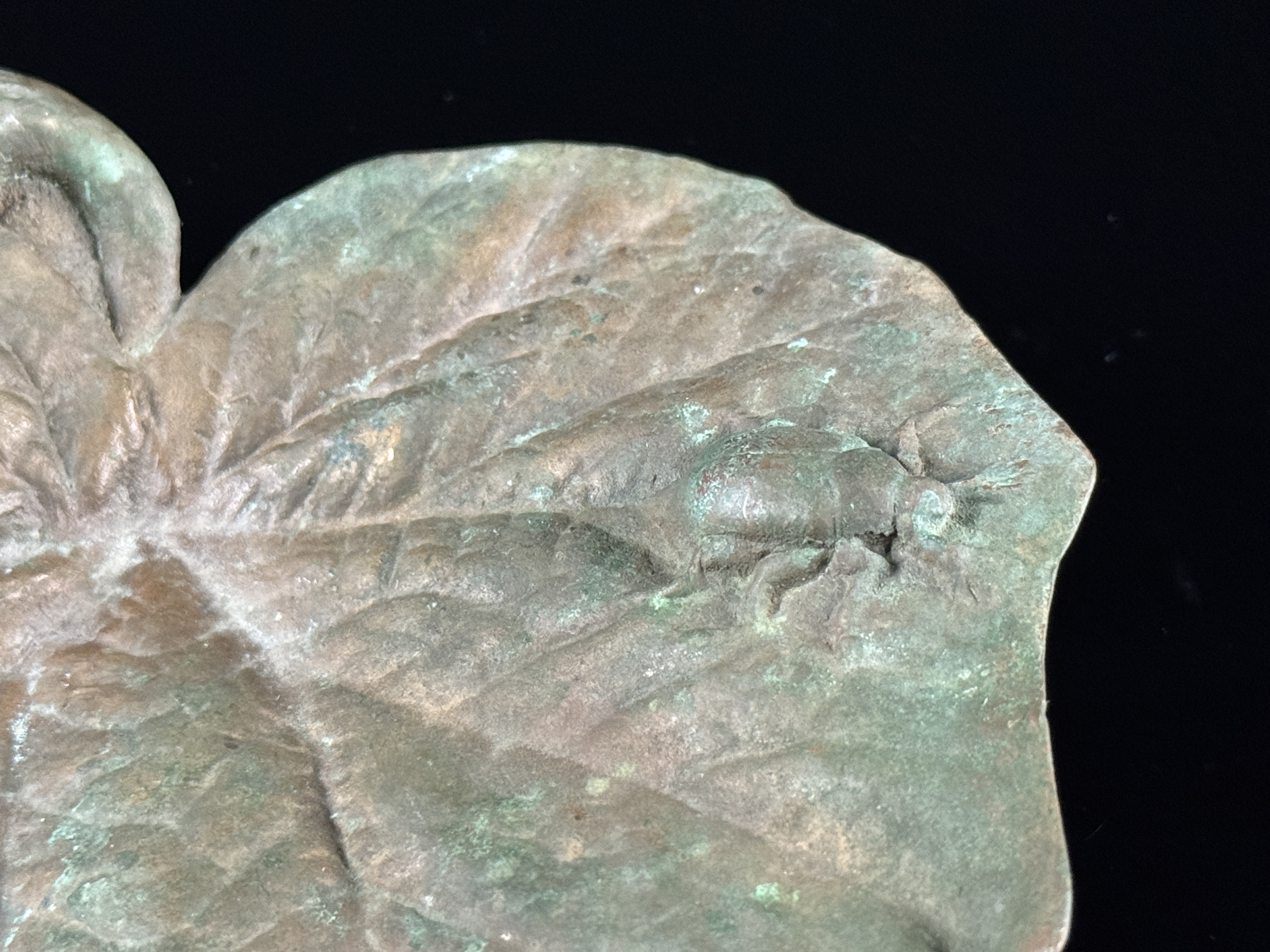 Art Nouveau Cast Bronze Leaf-Form Tray with Insects Signed M.H. DEP