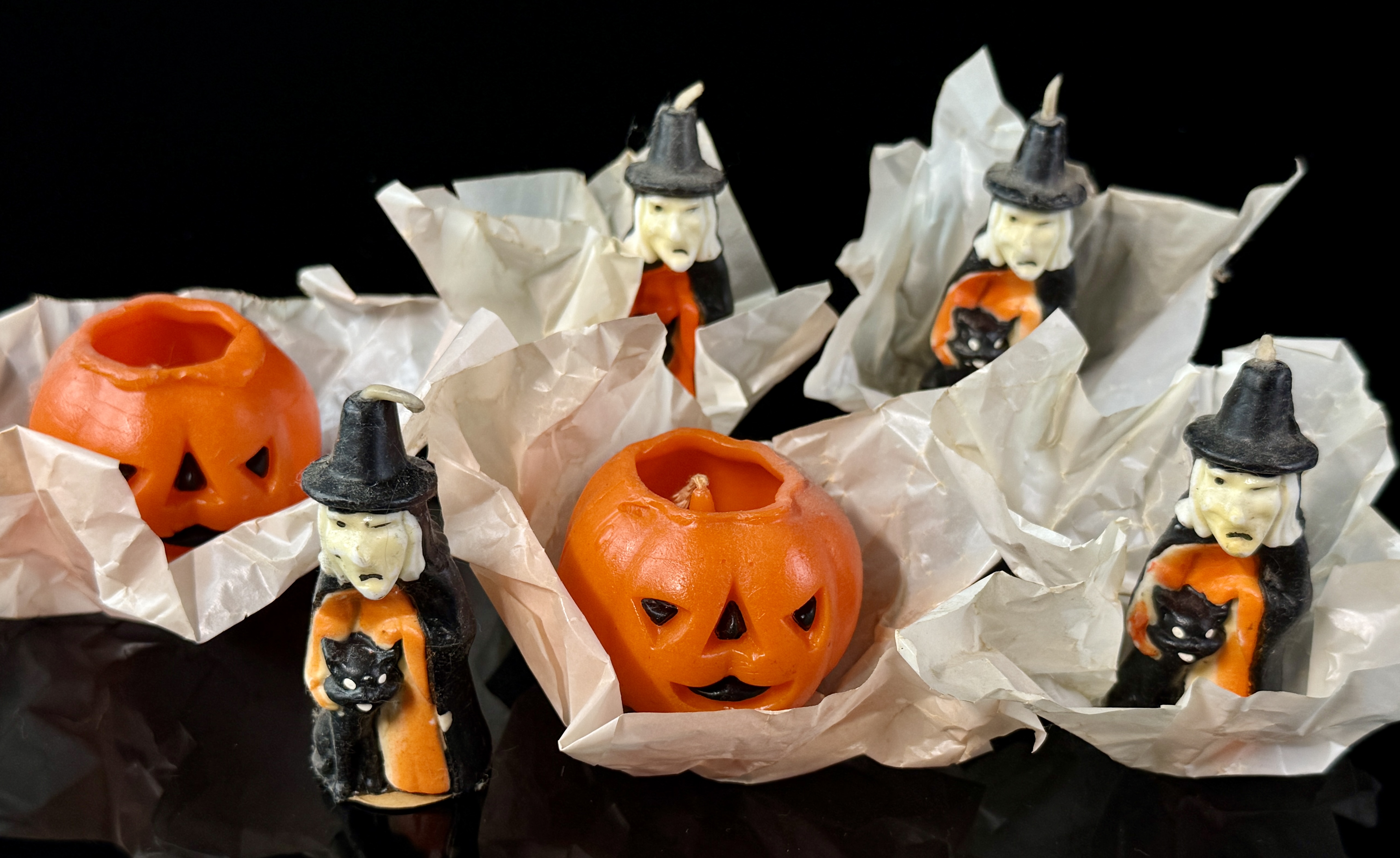 A Set of Six Vintage Gurley Novelty Halloween Figural Wax Candles