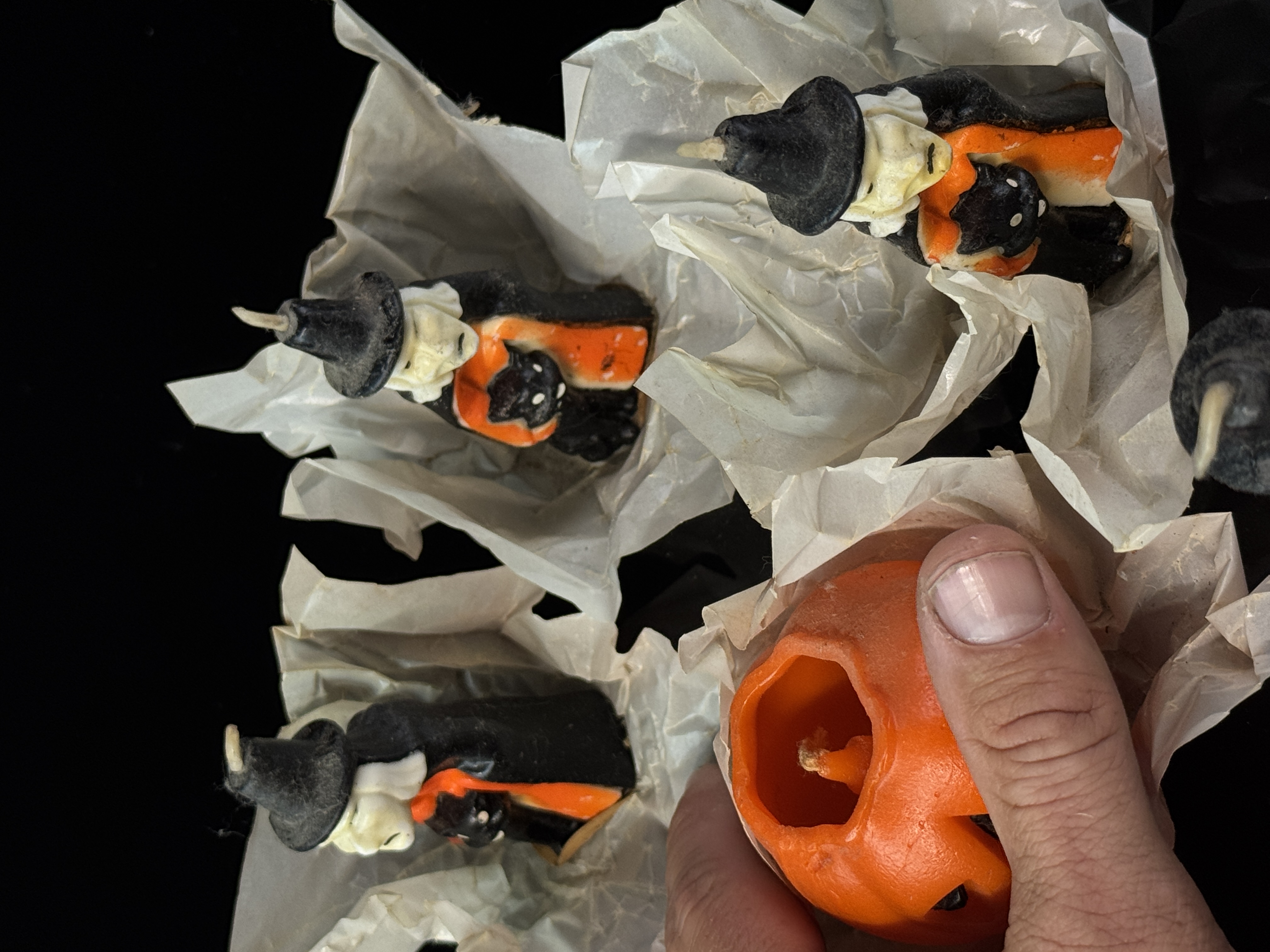 A Set of Six Vintage Gurley Novelty Halloween Figural Wax Candles