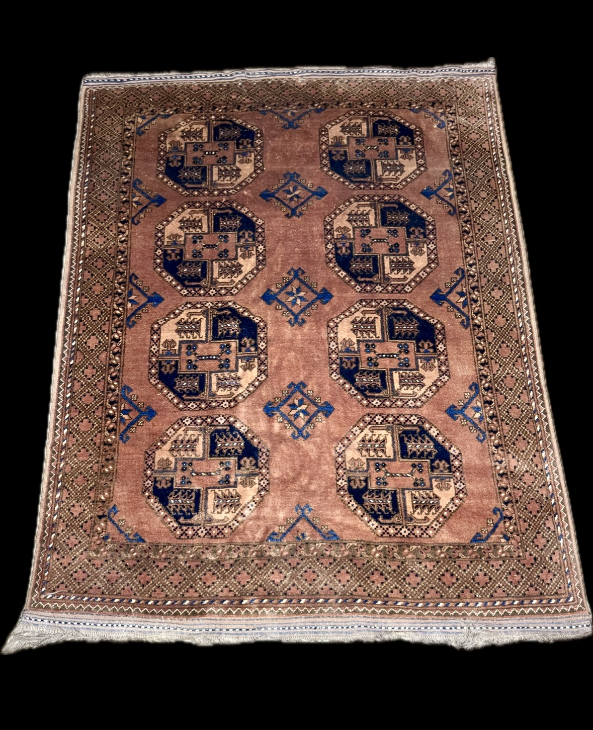 Hand-Knotted Afghan Turkmen Style Wool Rug with Bokhara Design