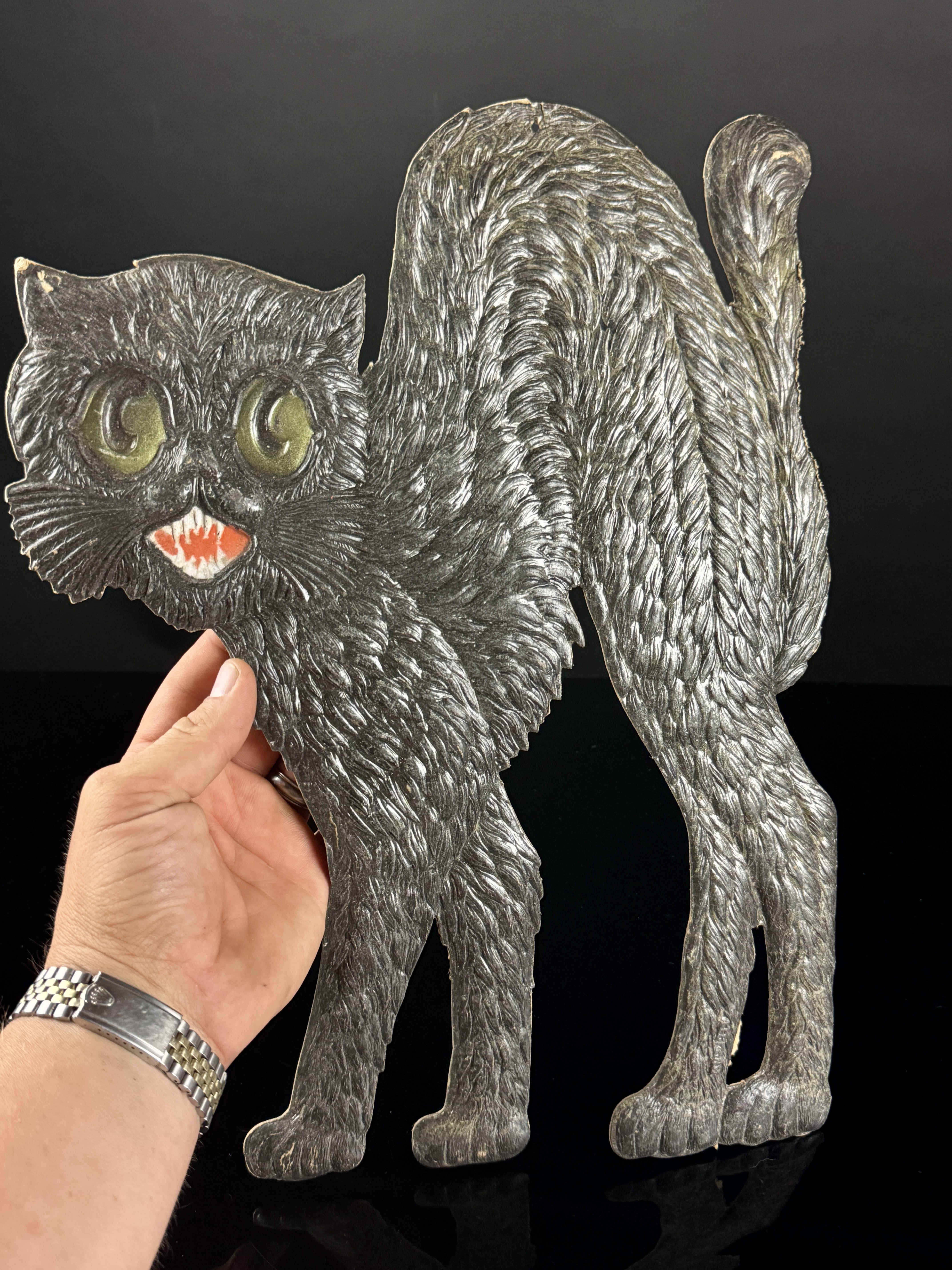 Large Vintage Embossed Arched-Back Black Cat Halloween Die-Cut Decoration