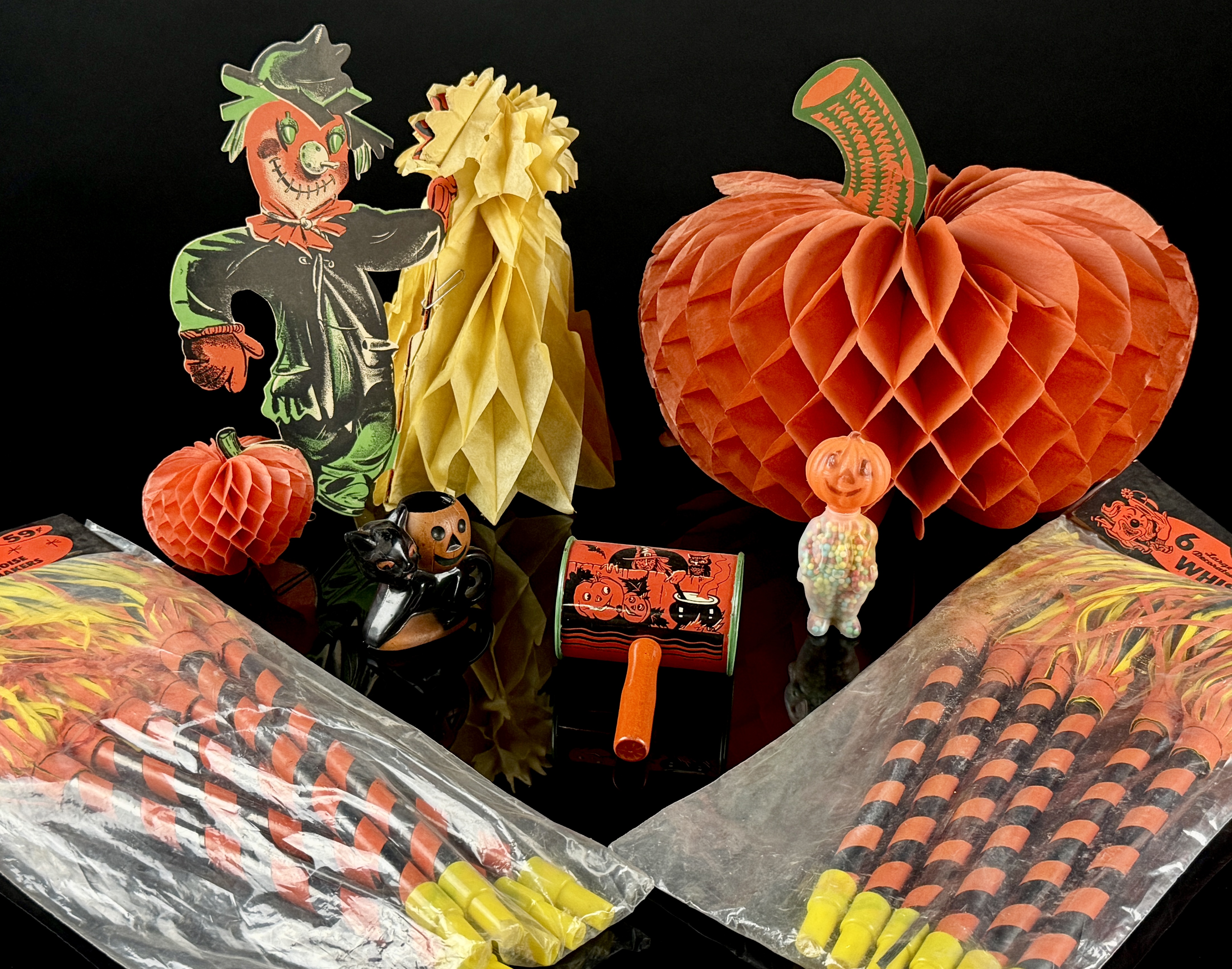 A Collection of Vintage Halloween Decorations and Party Favors featuring Rosbro Plastics