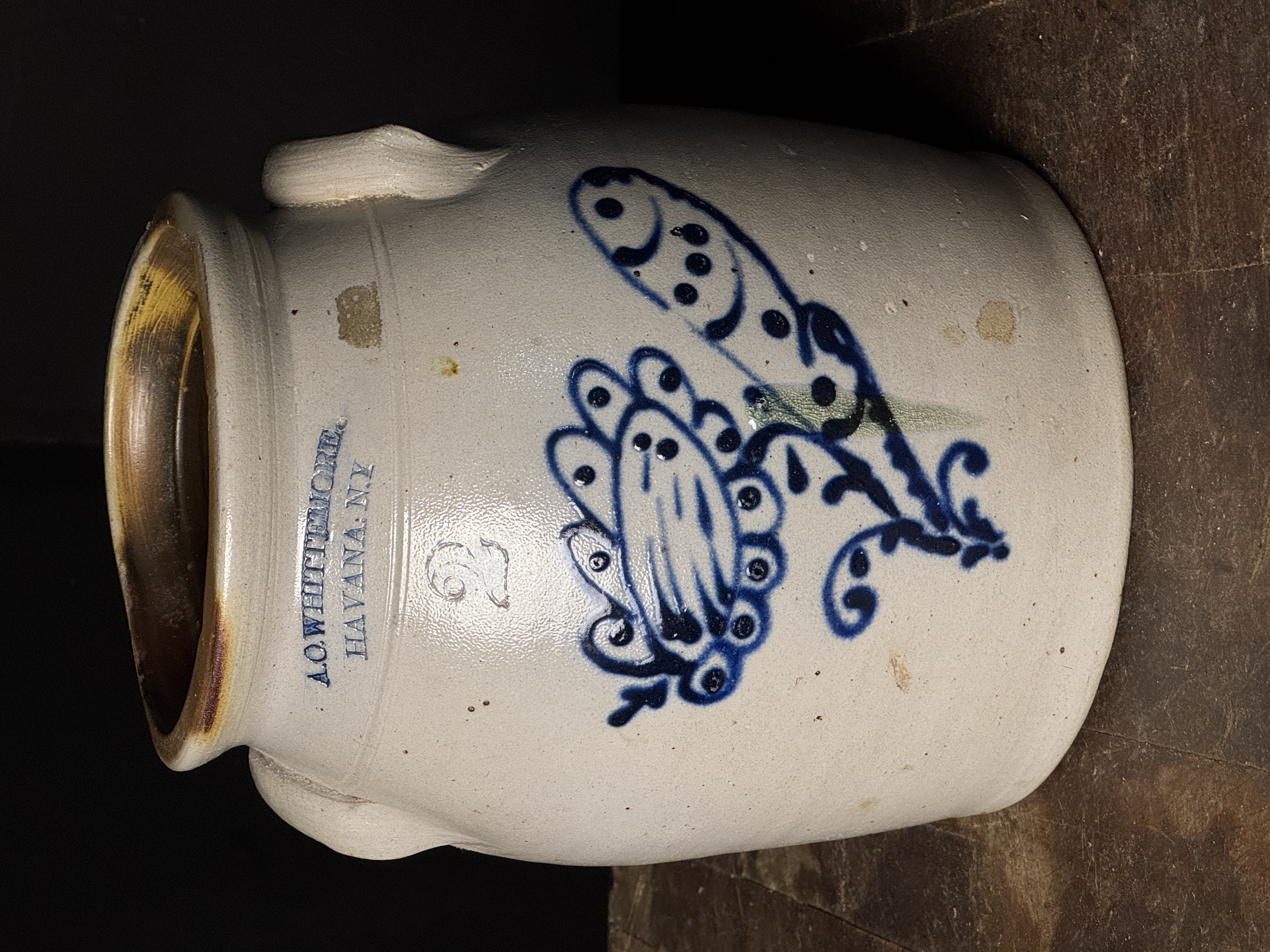 A.O. Whittemore Havana NY Two Gallon Stoneware Crock with Cobalt Bird Decoration