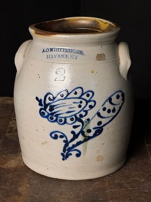 A.O. Whittemore Havana NY Two Gallon Stoneware Crock with Cobalt Bird Decoration. This is a 19th 