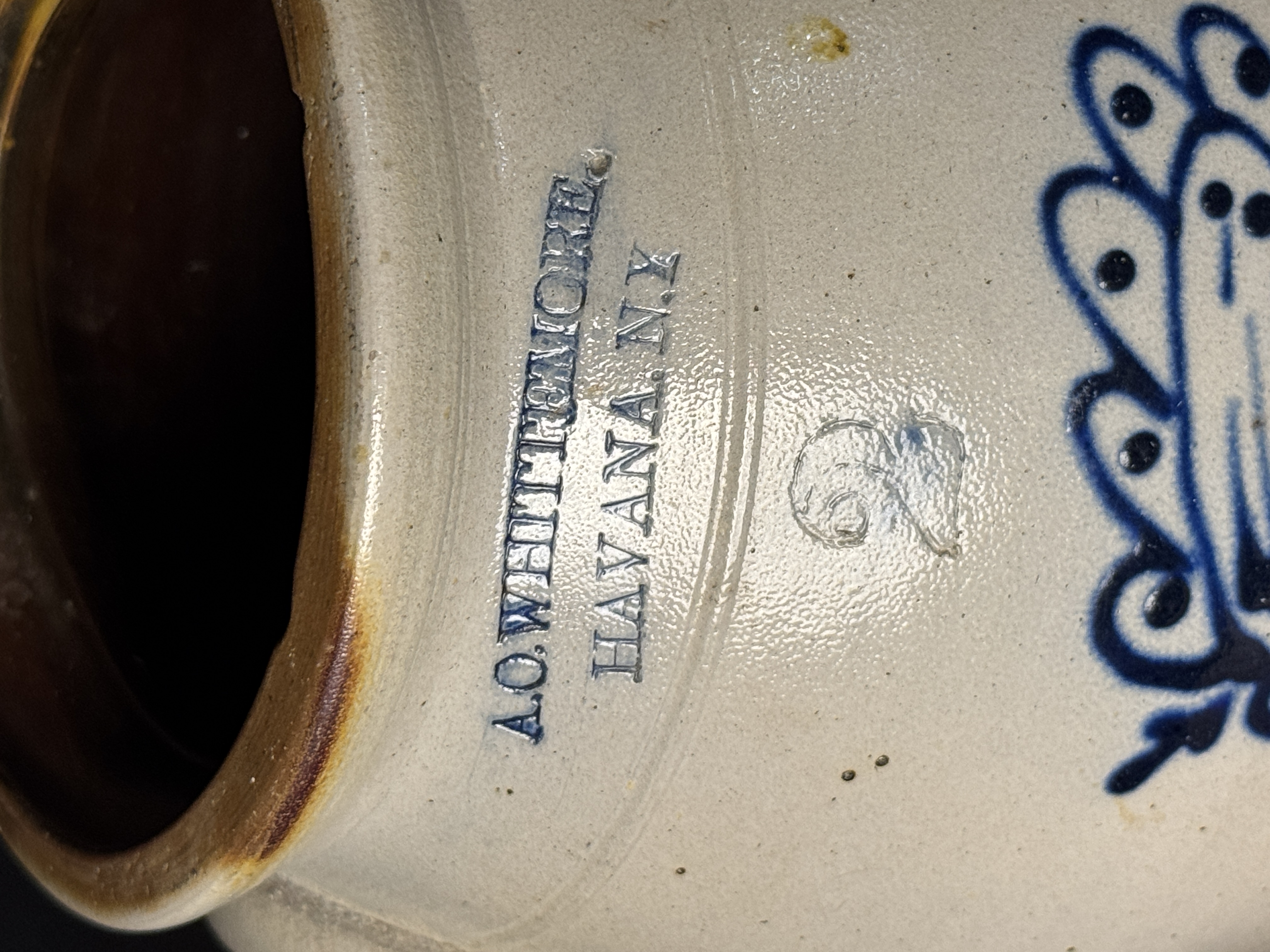 A.O. Whittemore Havana NY Two Gallon Stoneware Crock with Cobalt Bird Decoration
