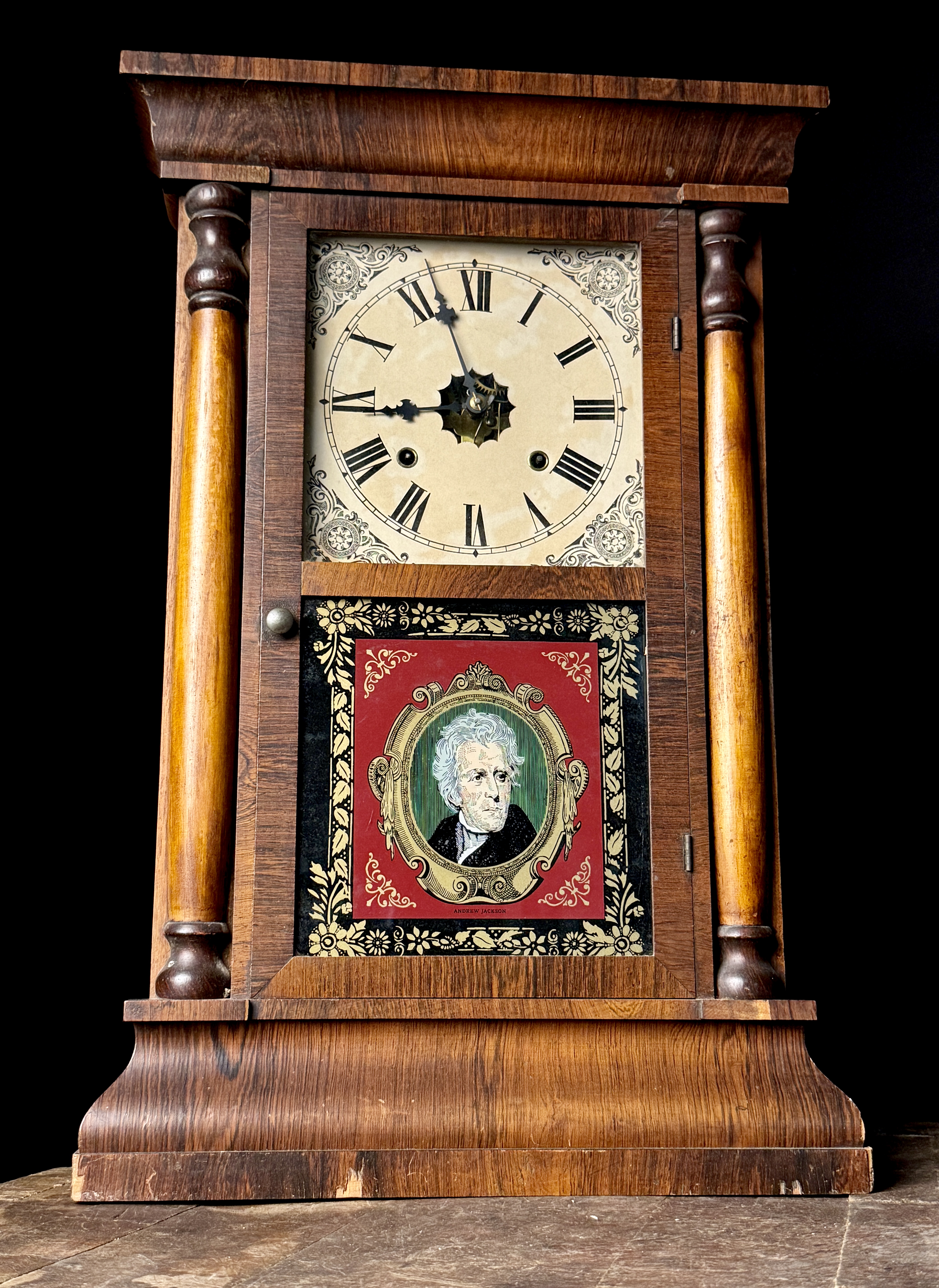 Waterbury Clock Co. Mahogany Ogee Mantel Clock with Andrew Jackson Portrait