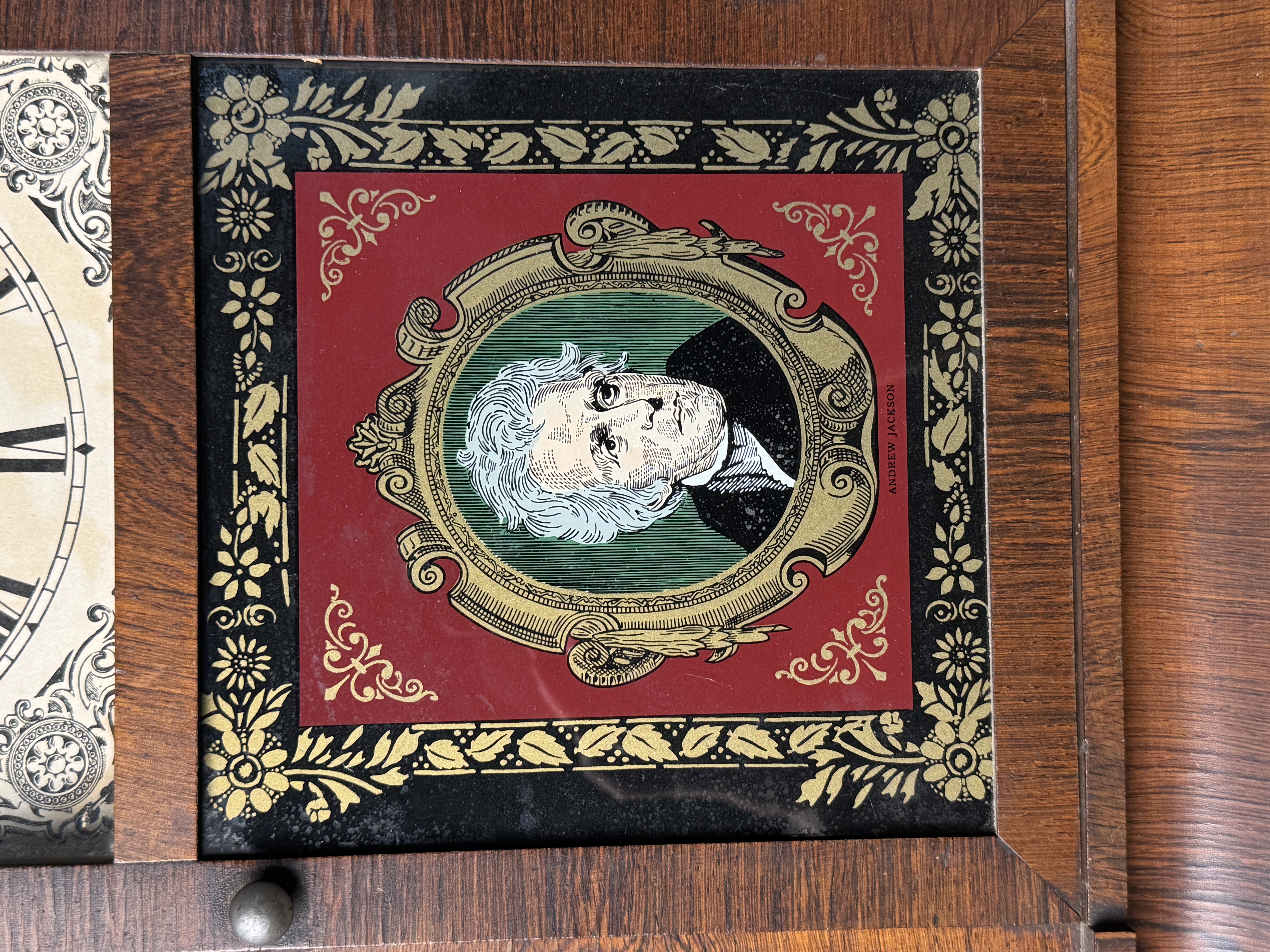 Waterbury Clock Co. Mahogany Ogee Mantel Clock with Andrew Jackson Portrait