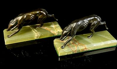 A Pair of Art Deco Bronze Greyhound Bookends on Onyx Bases. This pair of Art Deco bookends 