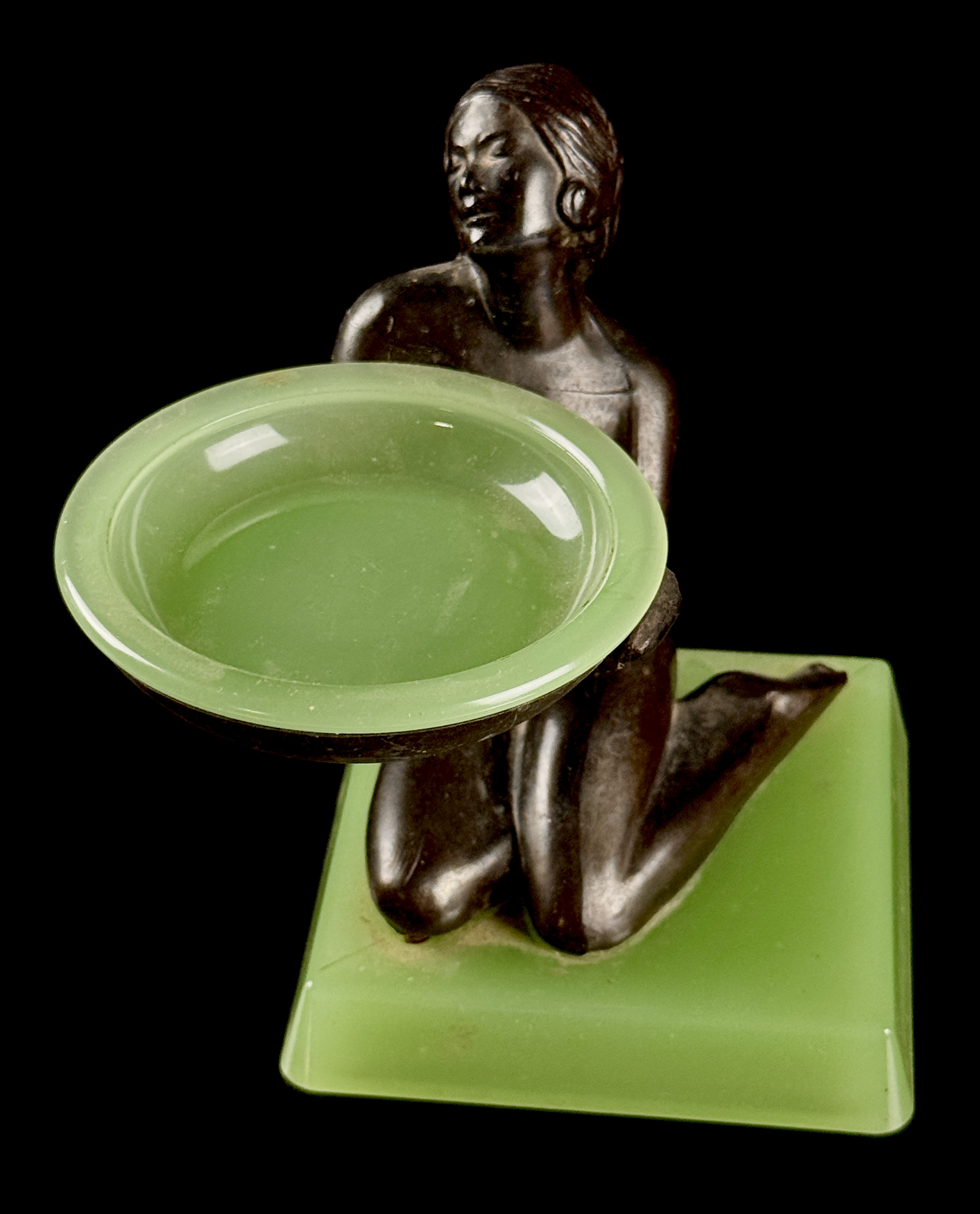 Art Deco Figural Patinated Metal and H.C. Fry Jadeite Glass Tray