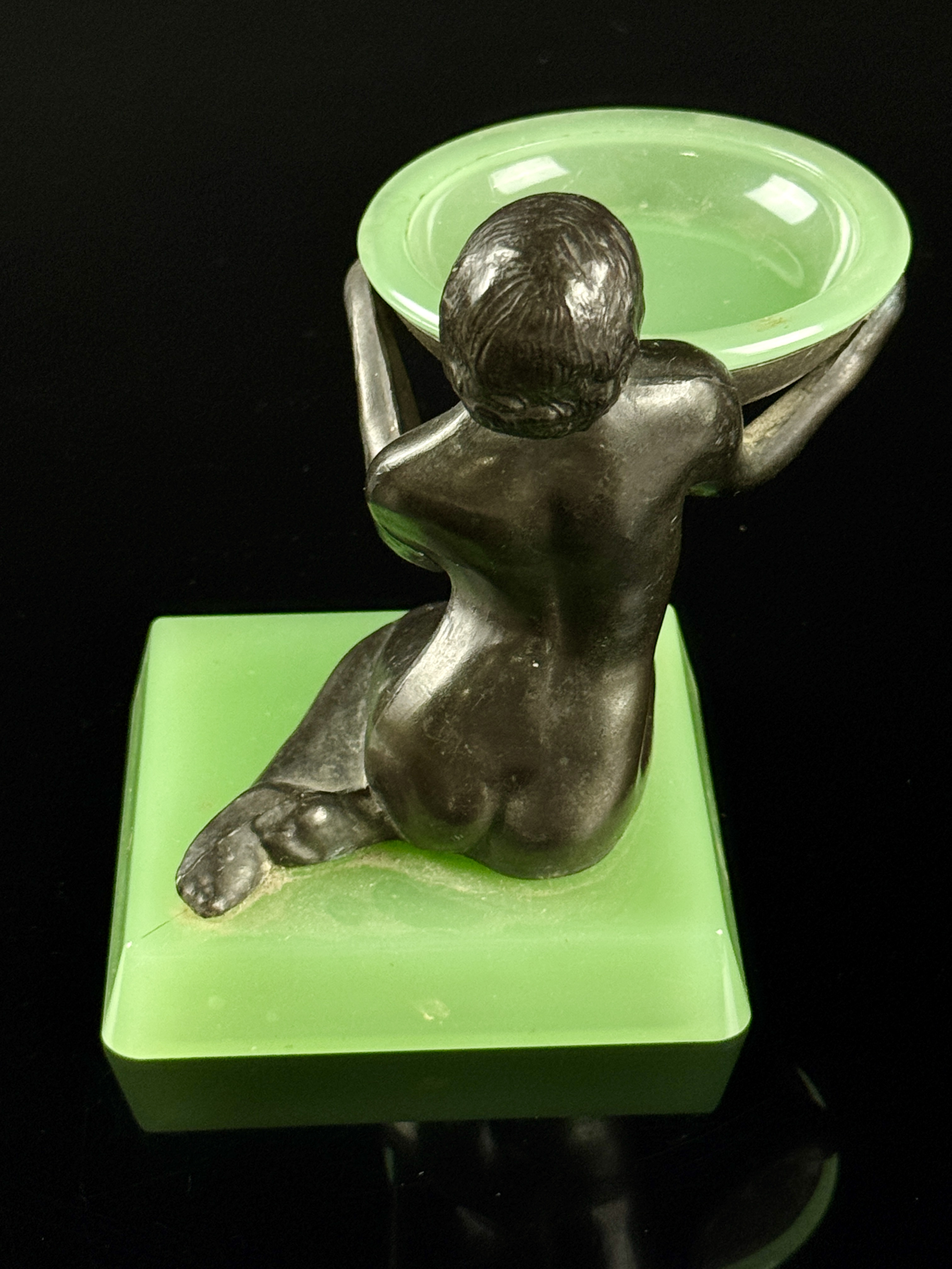 Art Deco Figural Patinated Metal and H.C. Fry Jadeite Glass Tray