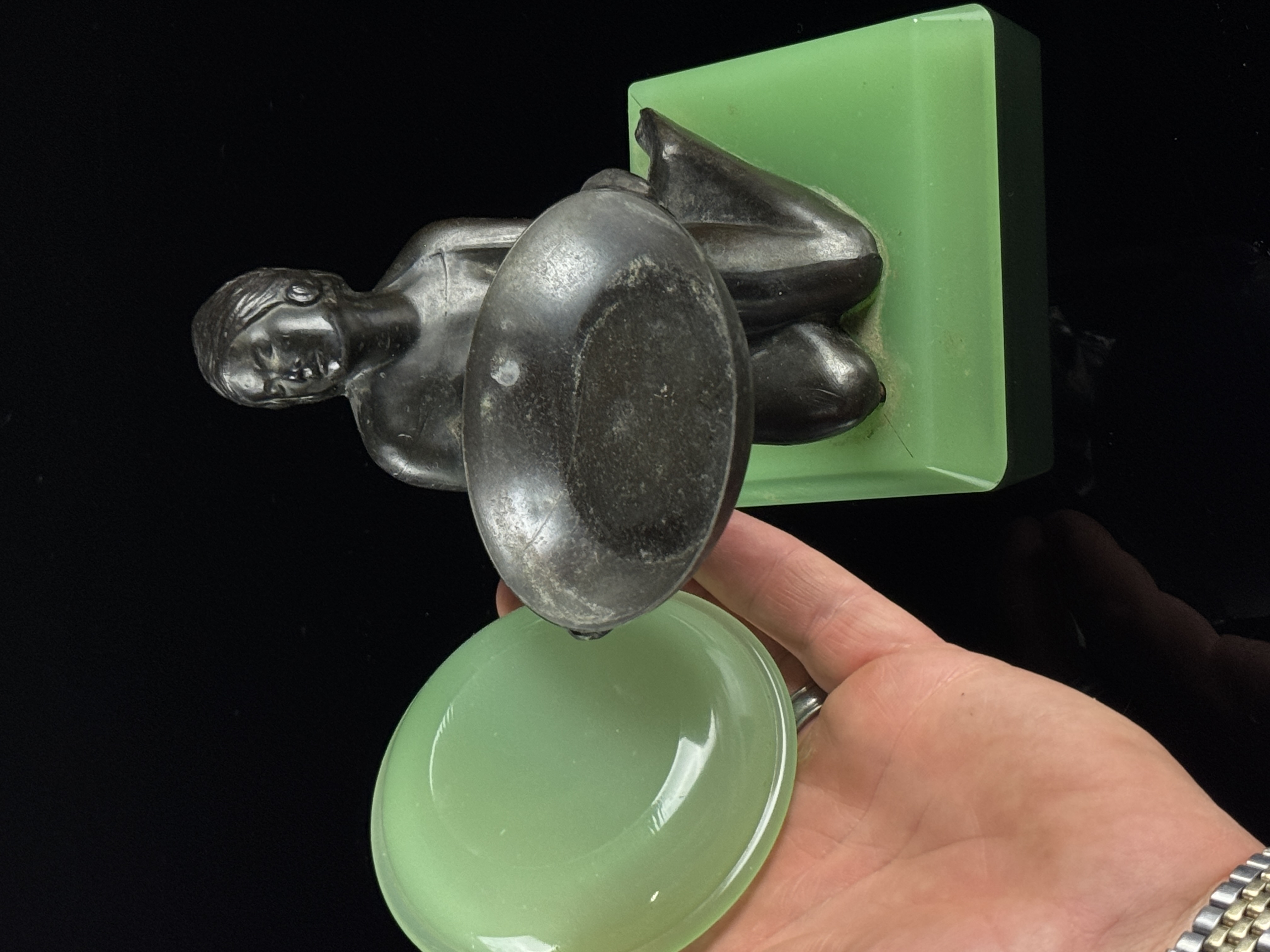 Art Deco Figural Patinated Metal and H.C. Fry Jadeite Glass Tray
