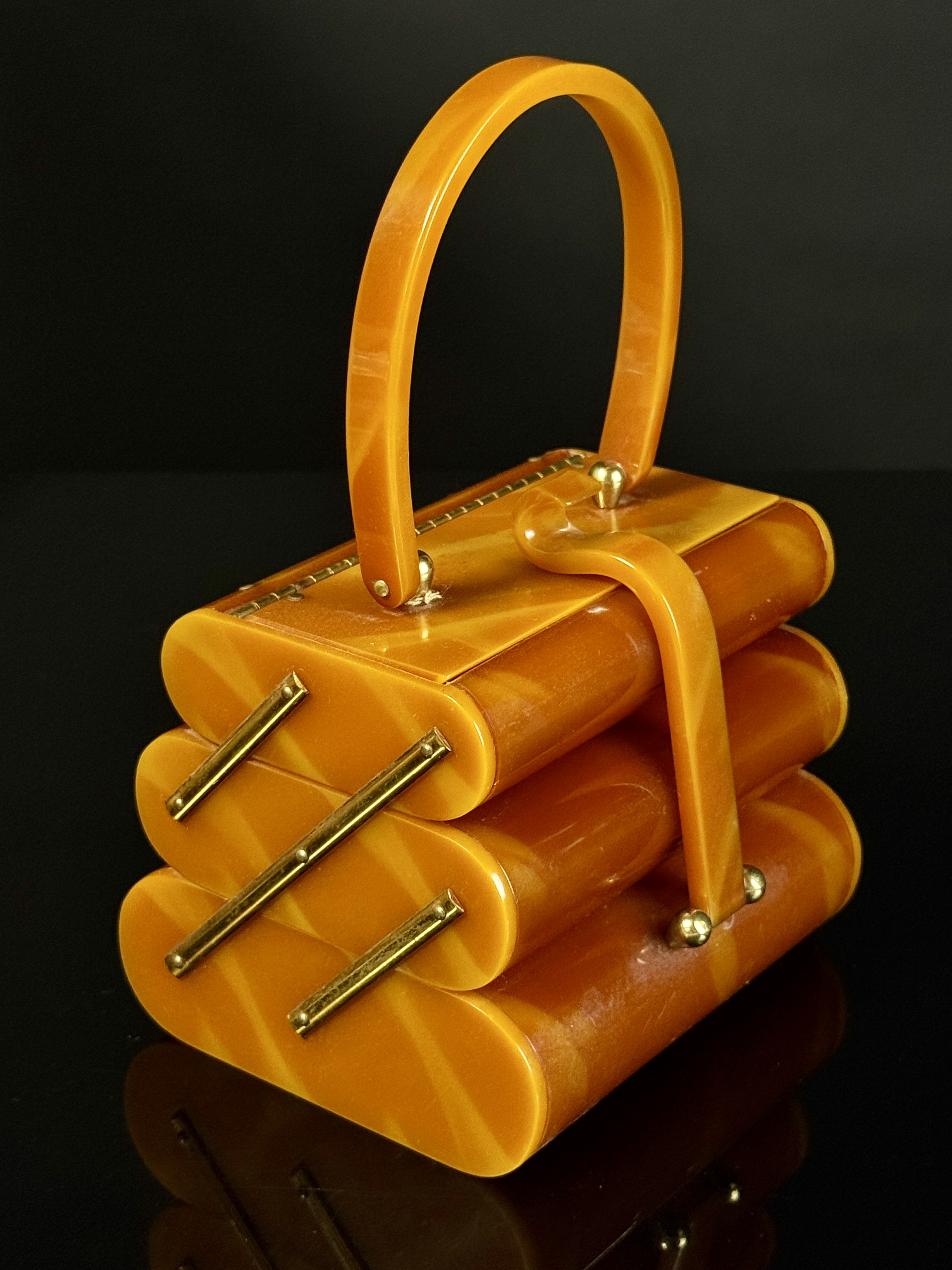Vintage Marbled Butterscotch Lucite Three-Tier Accordion Handbag