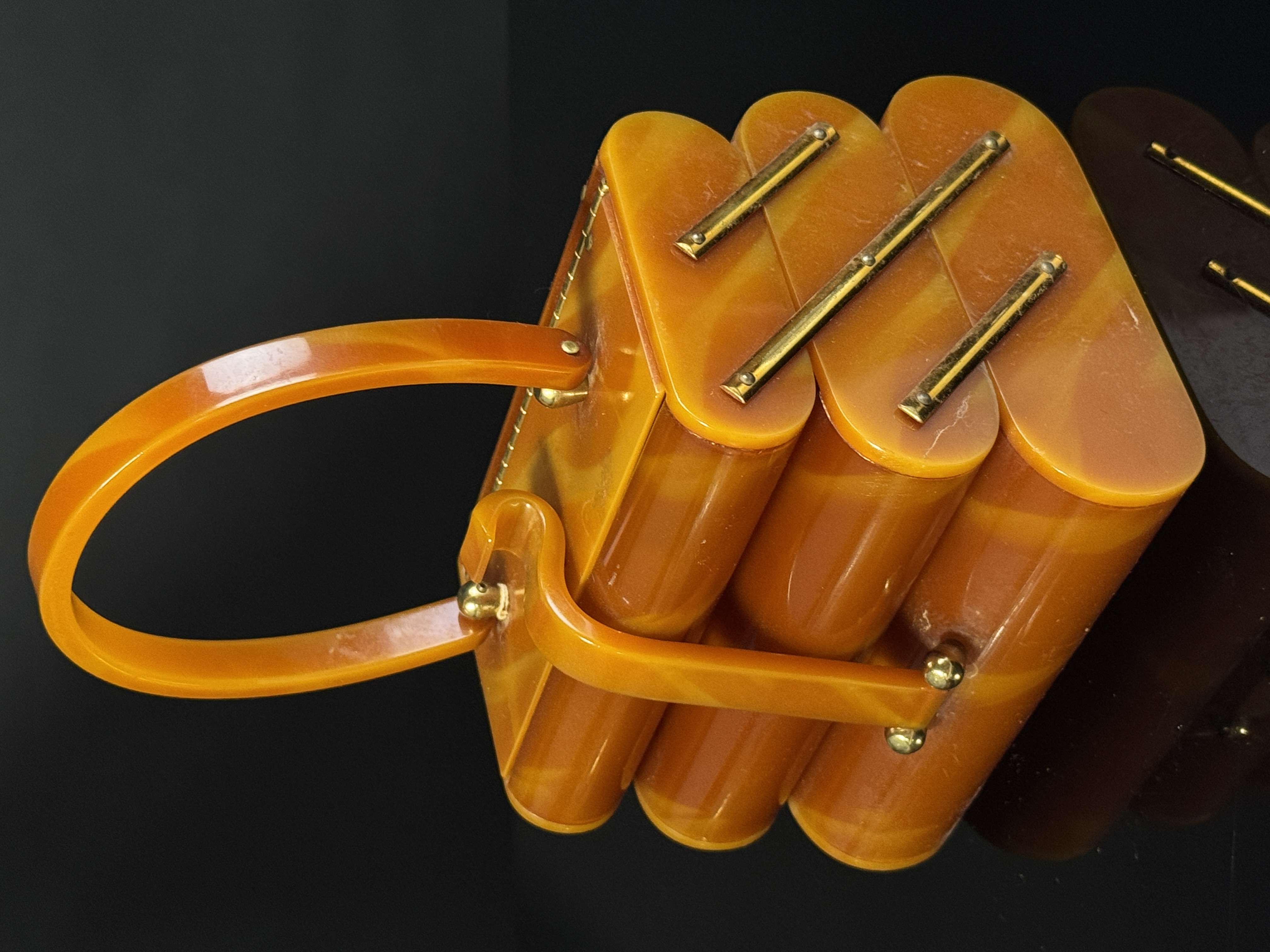 Vintage Marbled Butterscotch Lucite Three-Tier Accordion Handbag