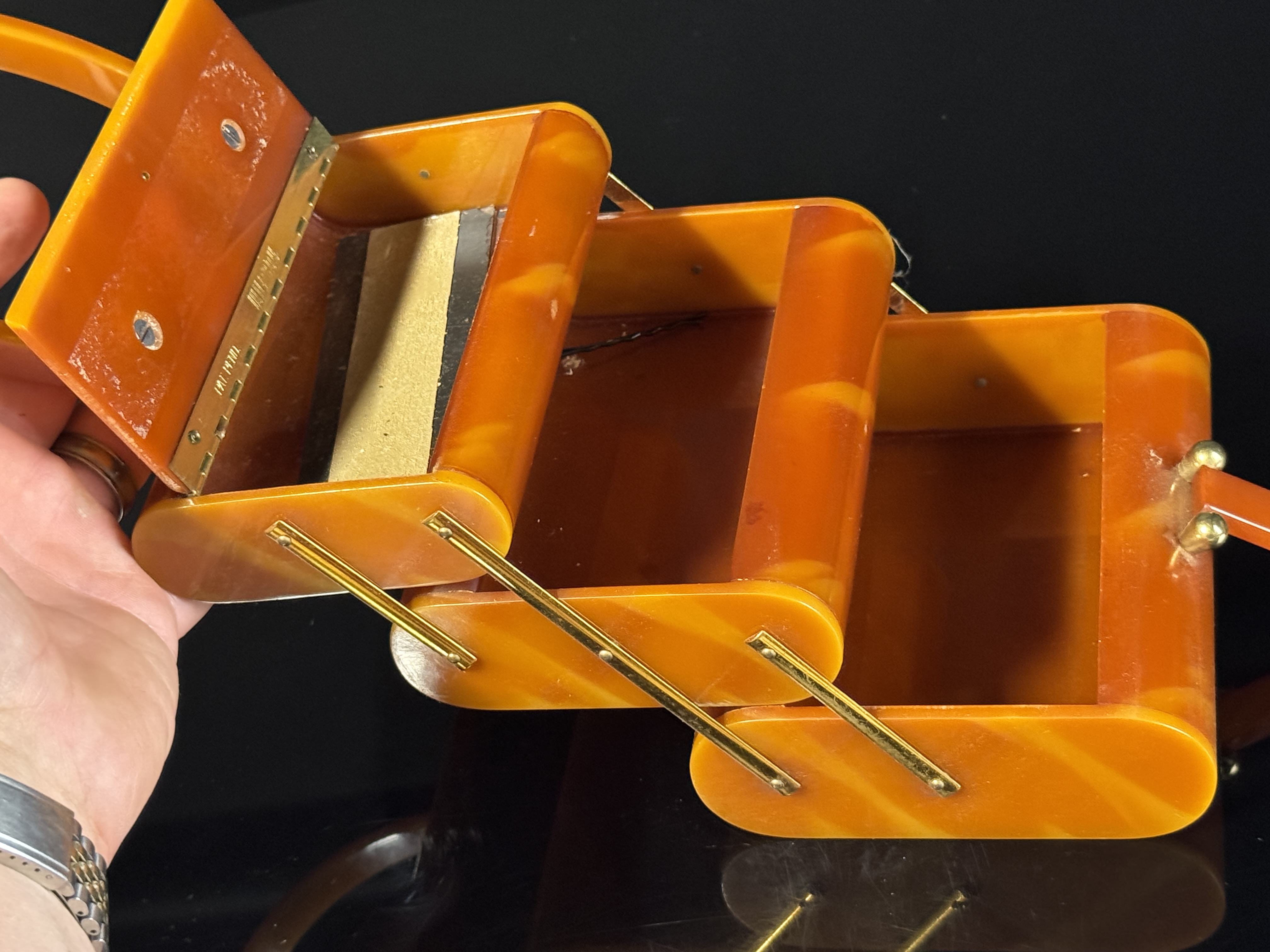 Vintage Marbled Butterscotch Lucite Three-Tier Accordion Handbag