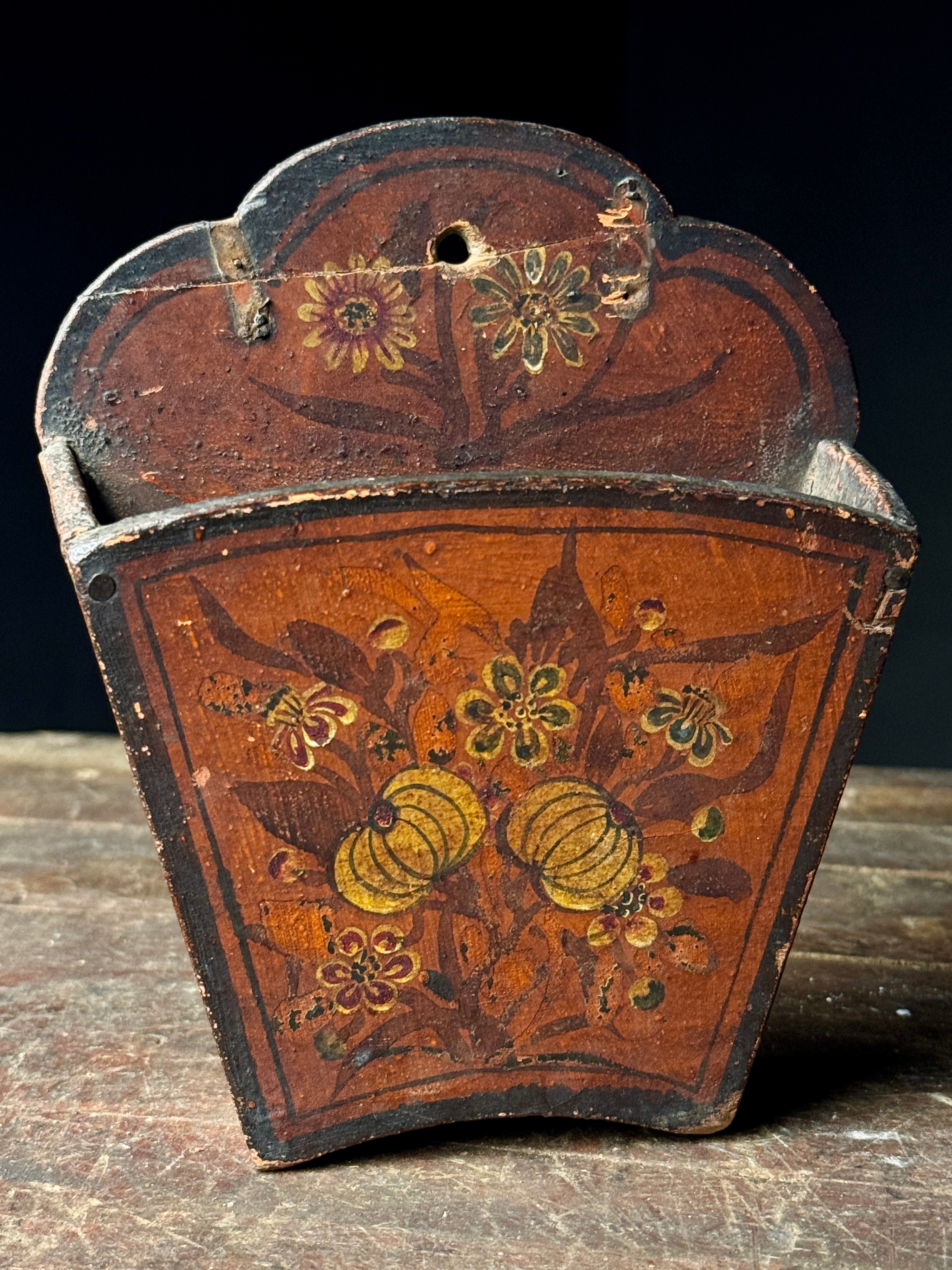 An Antique Hand-Painted Wooden Folk Art Hanging Wall Pocket