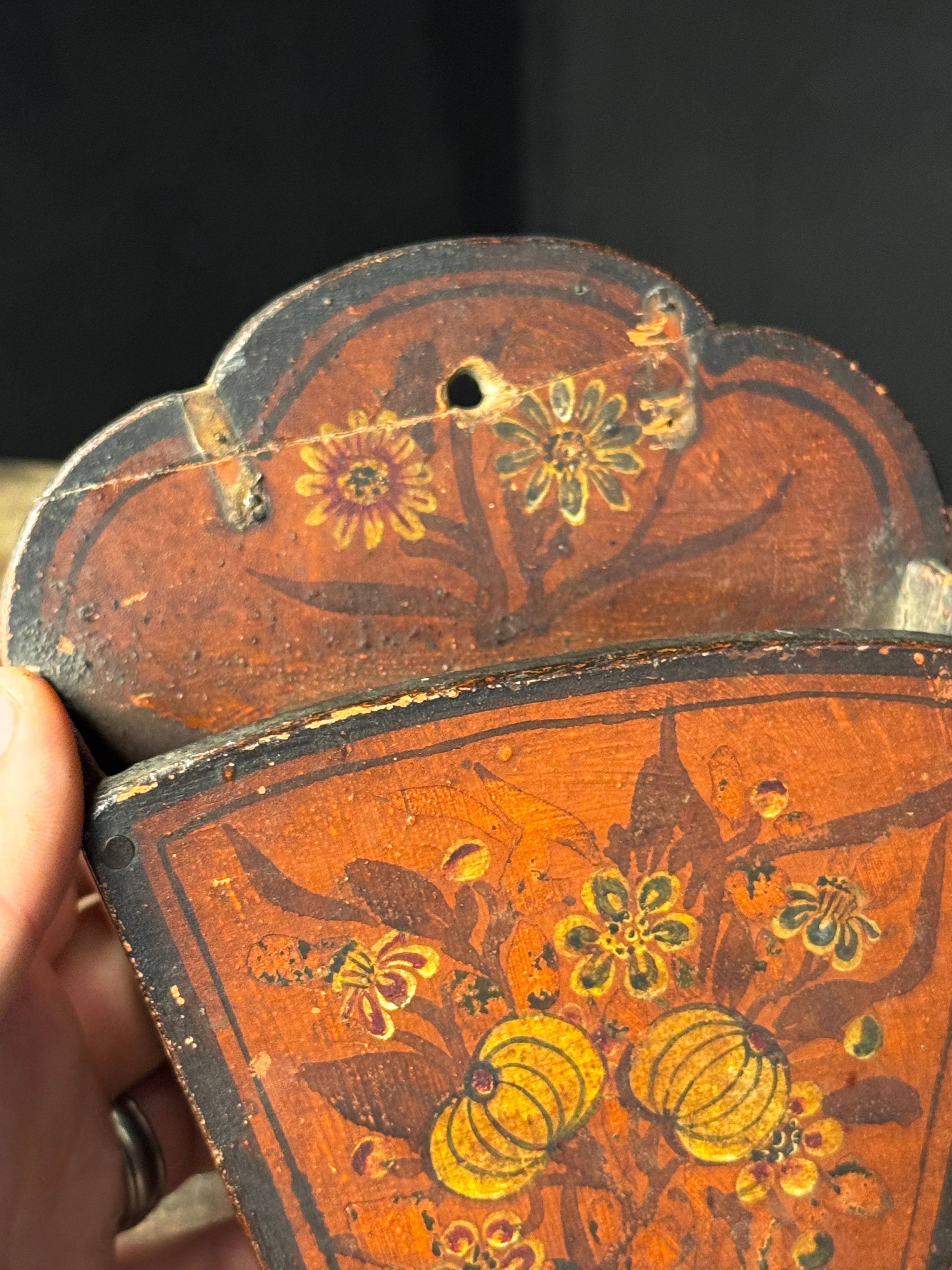 An Antique Hand-Painted Wooden Folk Art Hanging Wall Pocket