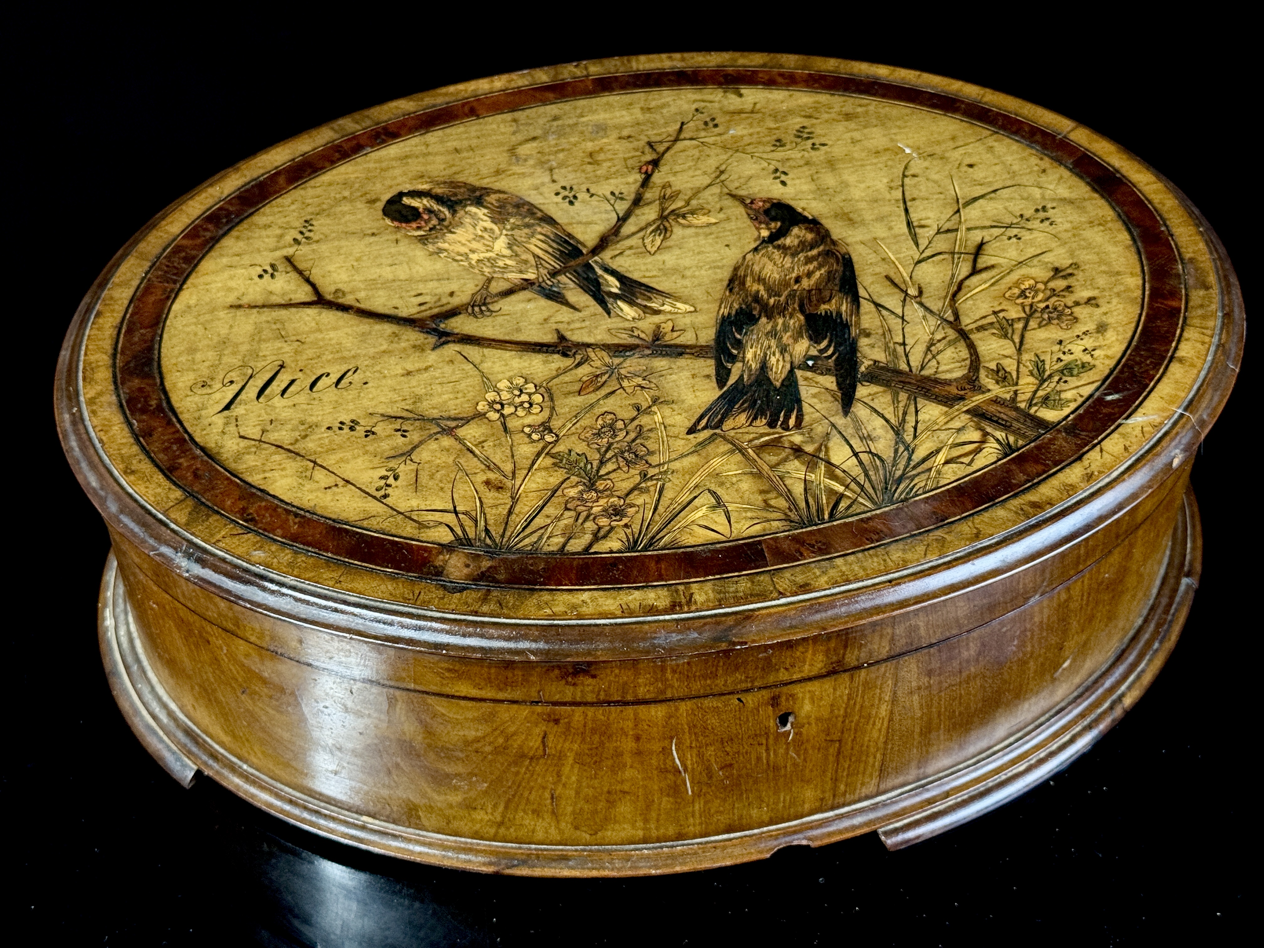Victorian Olive Wood Box with Bird Marquetry and Nice Inscription