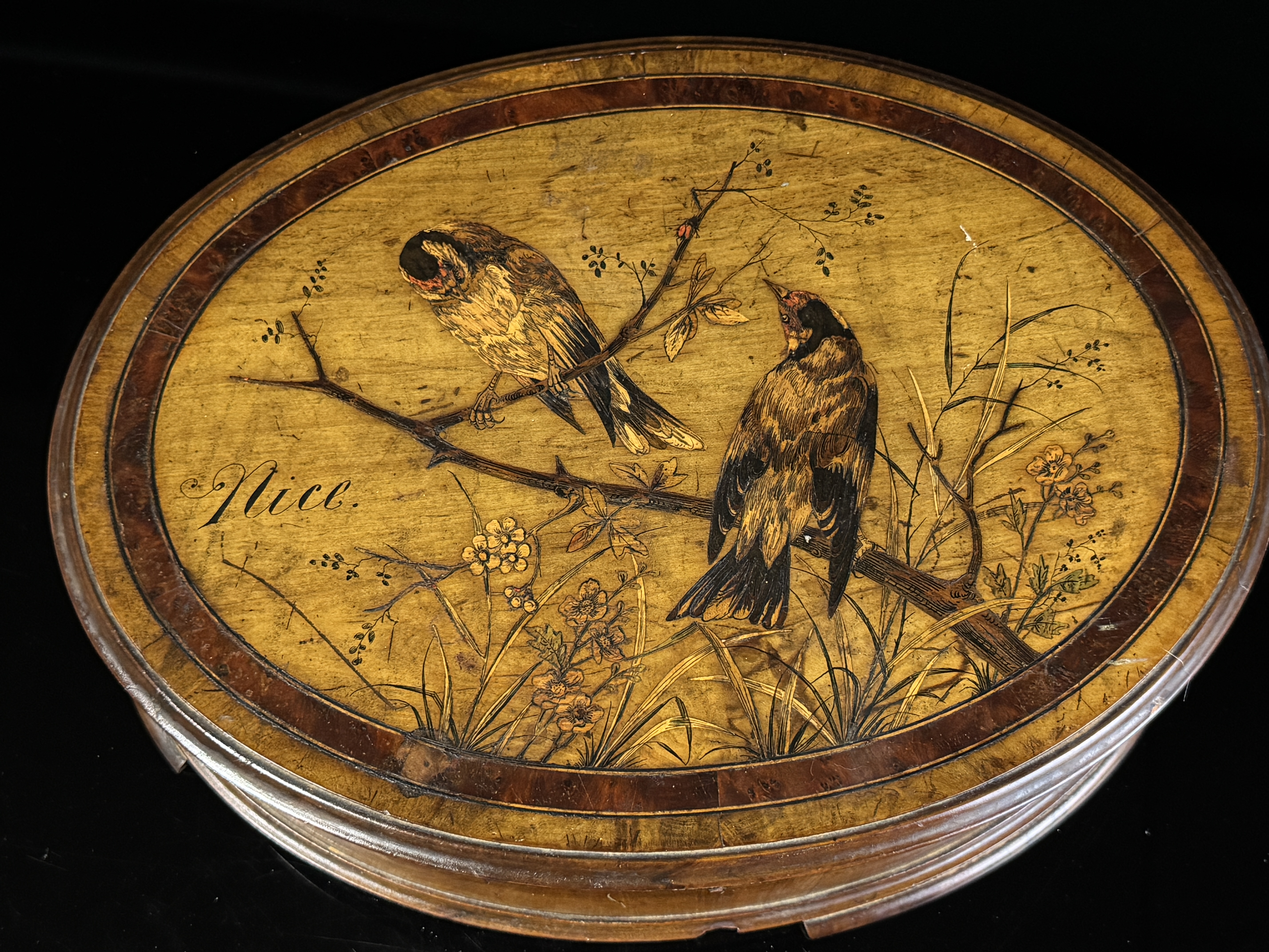 Victorian Olive Wood Box with Bird Marquetry and Nice Inscription