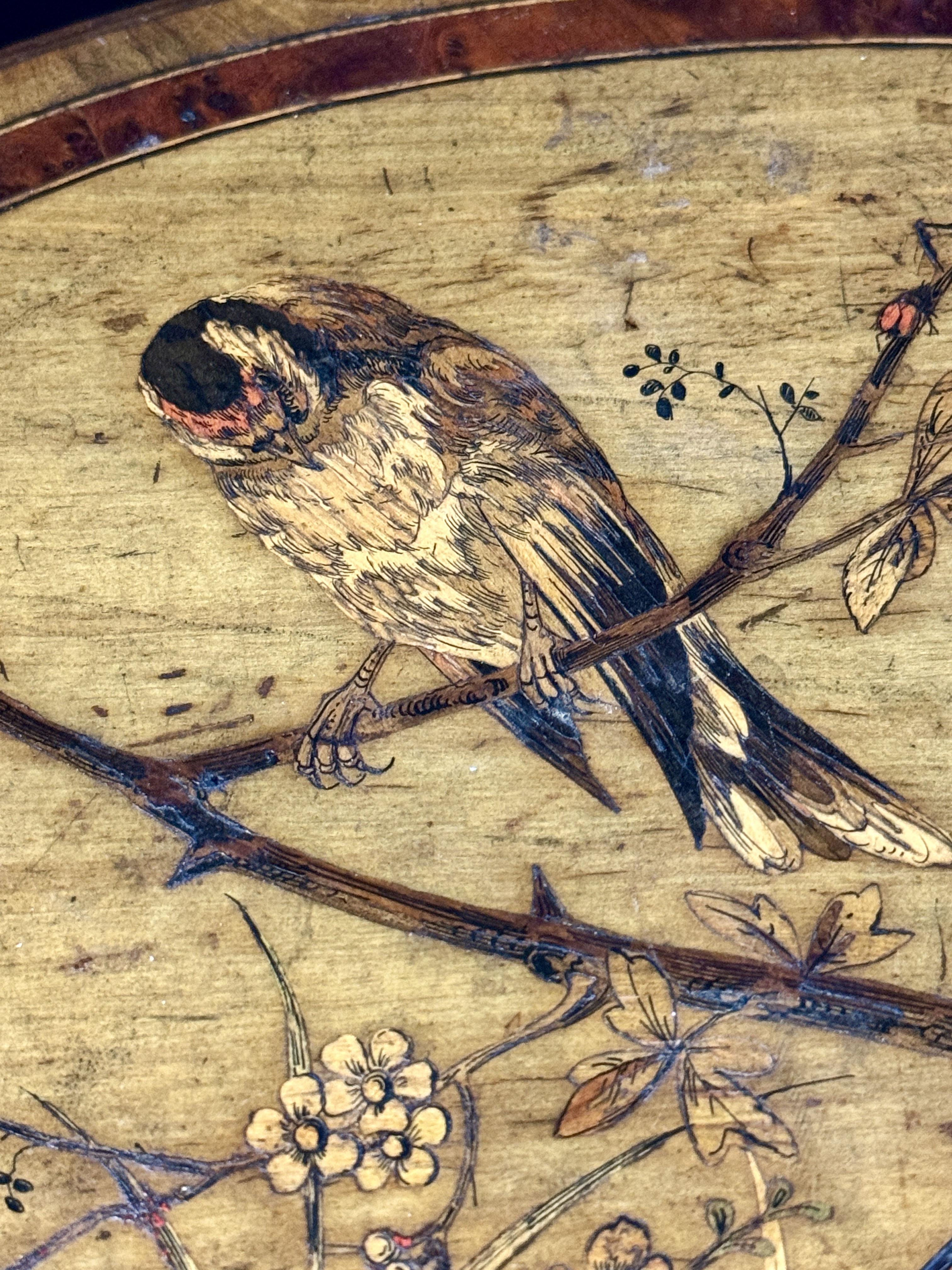 Victorian Olive Wood Box with Bird Marquetry and Nice Inscription