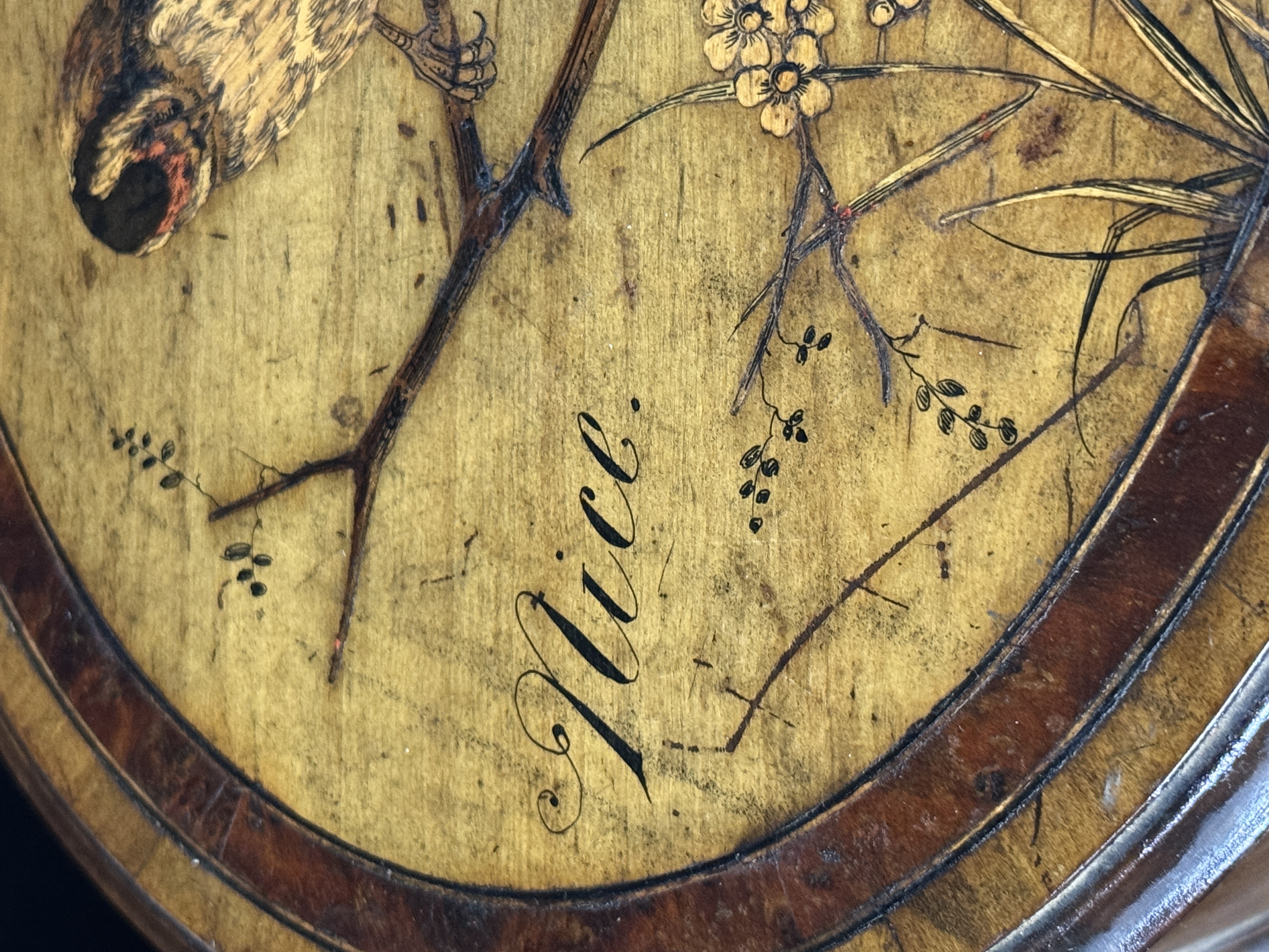 Victorian Olive Wood Box with Bird Marquetry and Nice Inscription