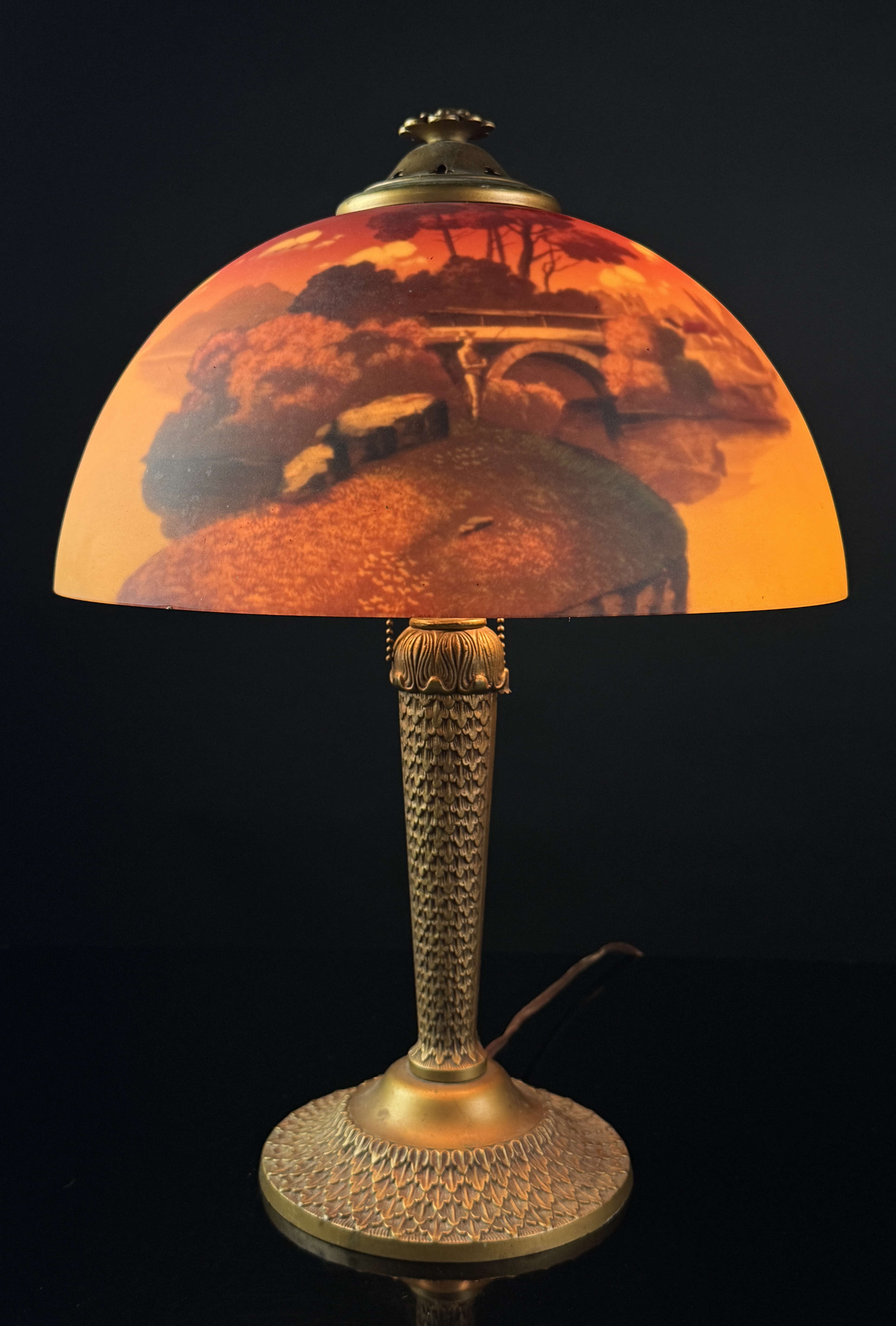 Pittsburgh Lamp Brass and Glass Company Reverse Painted Landscape Table Lamp