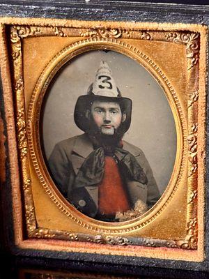 Identified Hand-Tinted American Sixth-Plate Firefighter Ambrotype. This 1/9th ambrotype features 