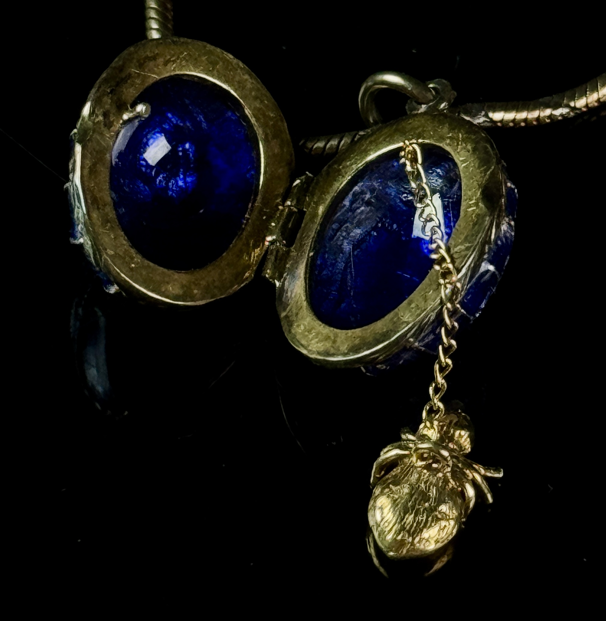 10K Gold Blue Guilloche Enamel Spiderweb Surprise Locket Necklace
