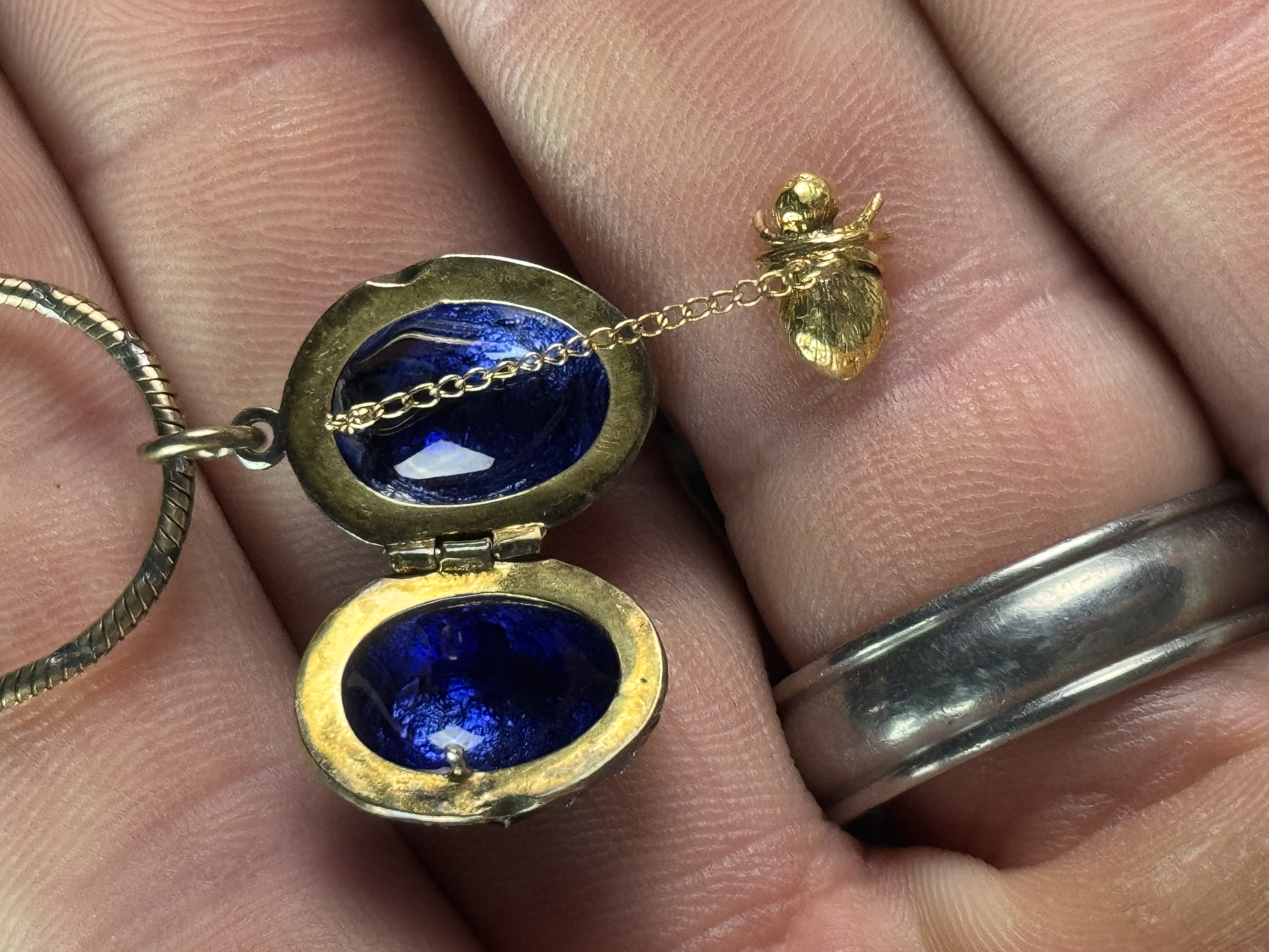 10K Gold Blue Guilloche Enamel Spiderweb Surprise Locket Necklace