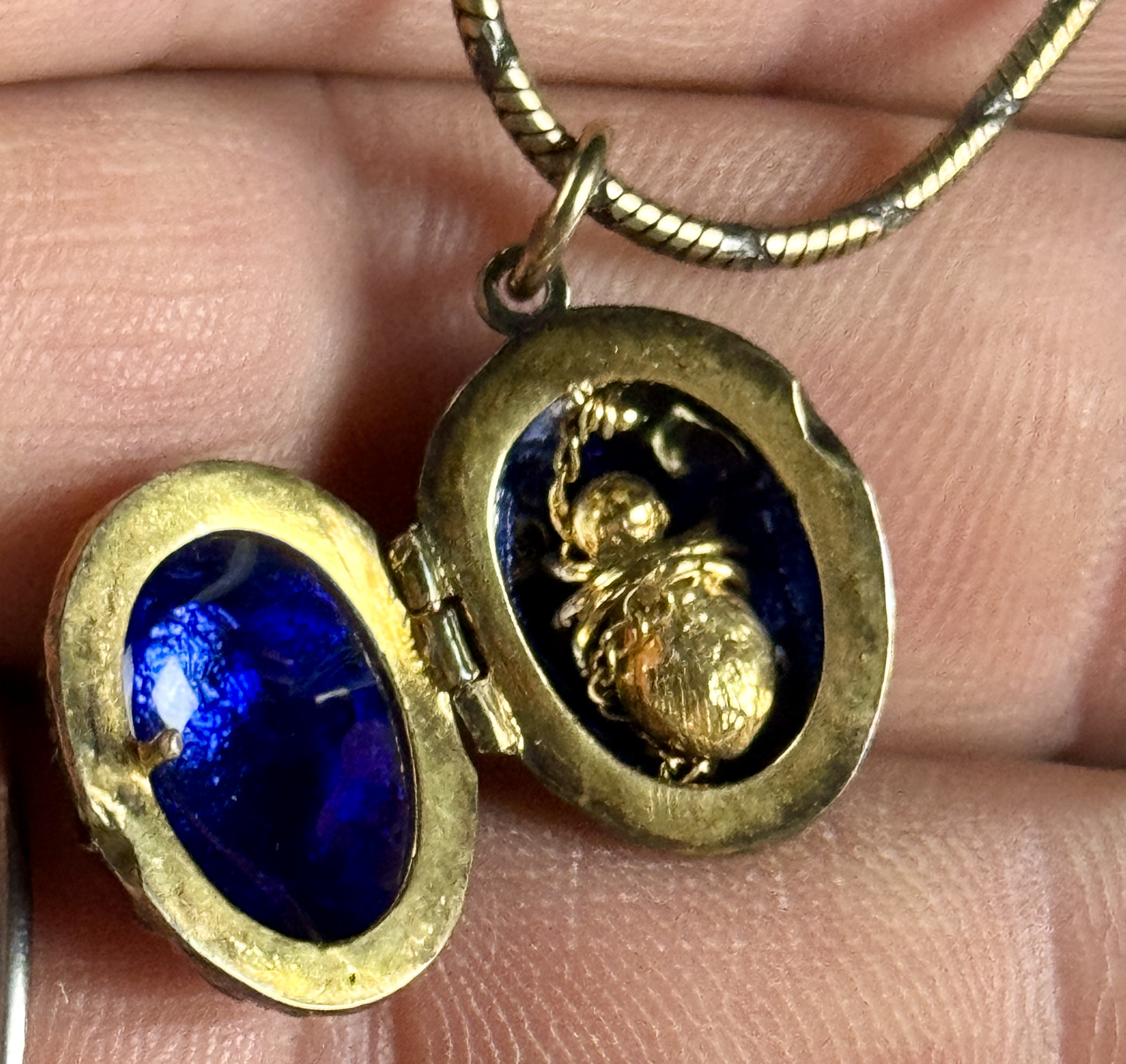 10K Gold Blue Guilloche Enamel Spiderweb Surprise Locket Necklace