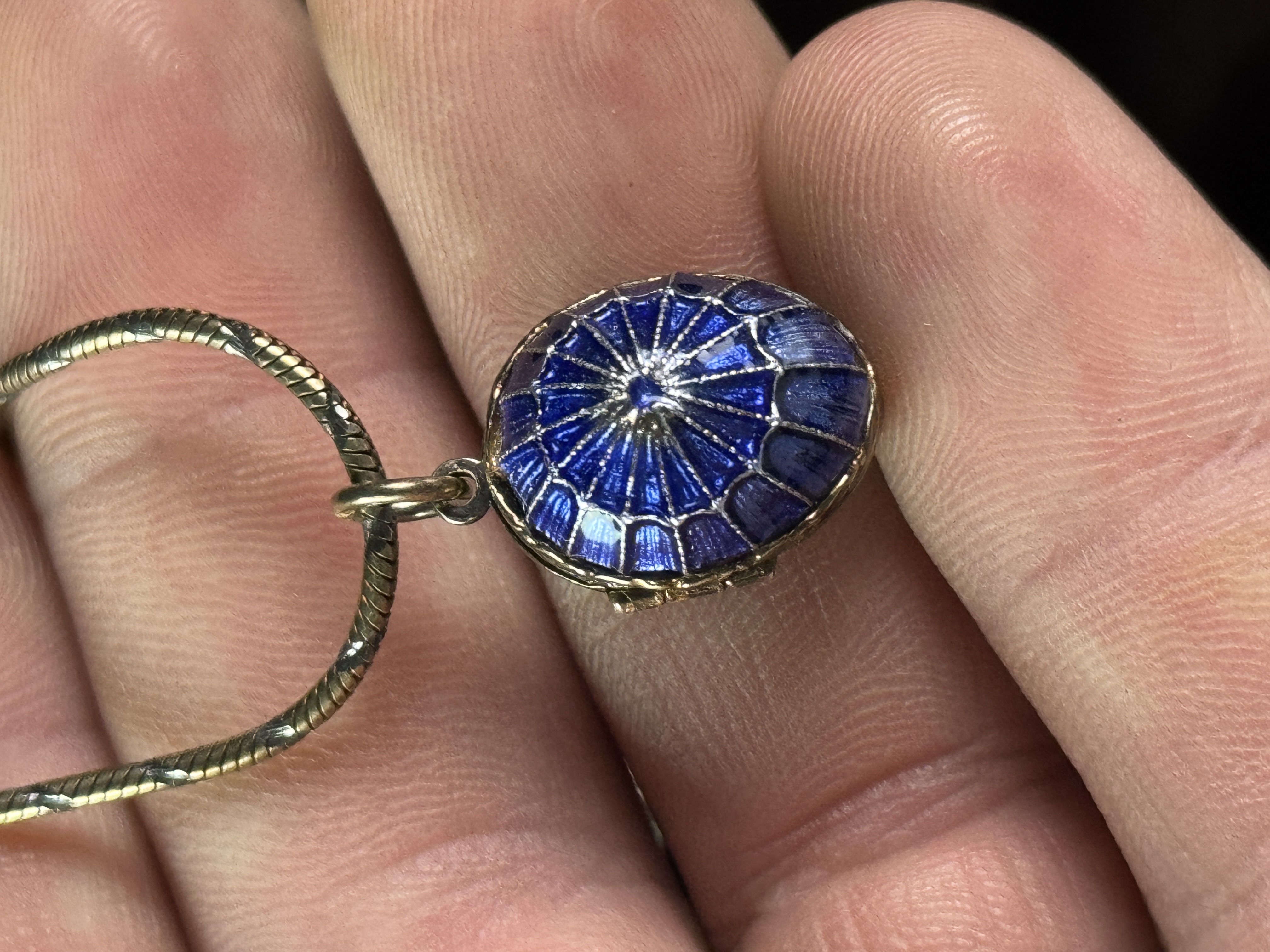 10K Gold Blue Guilloche Enamel Spiderweb Surprise Locket Necklace