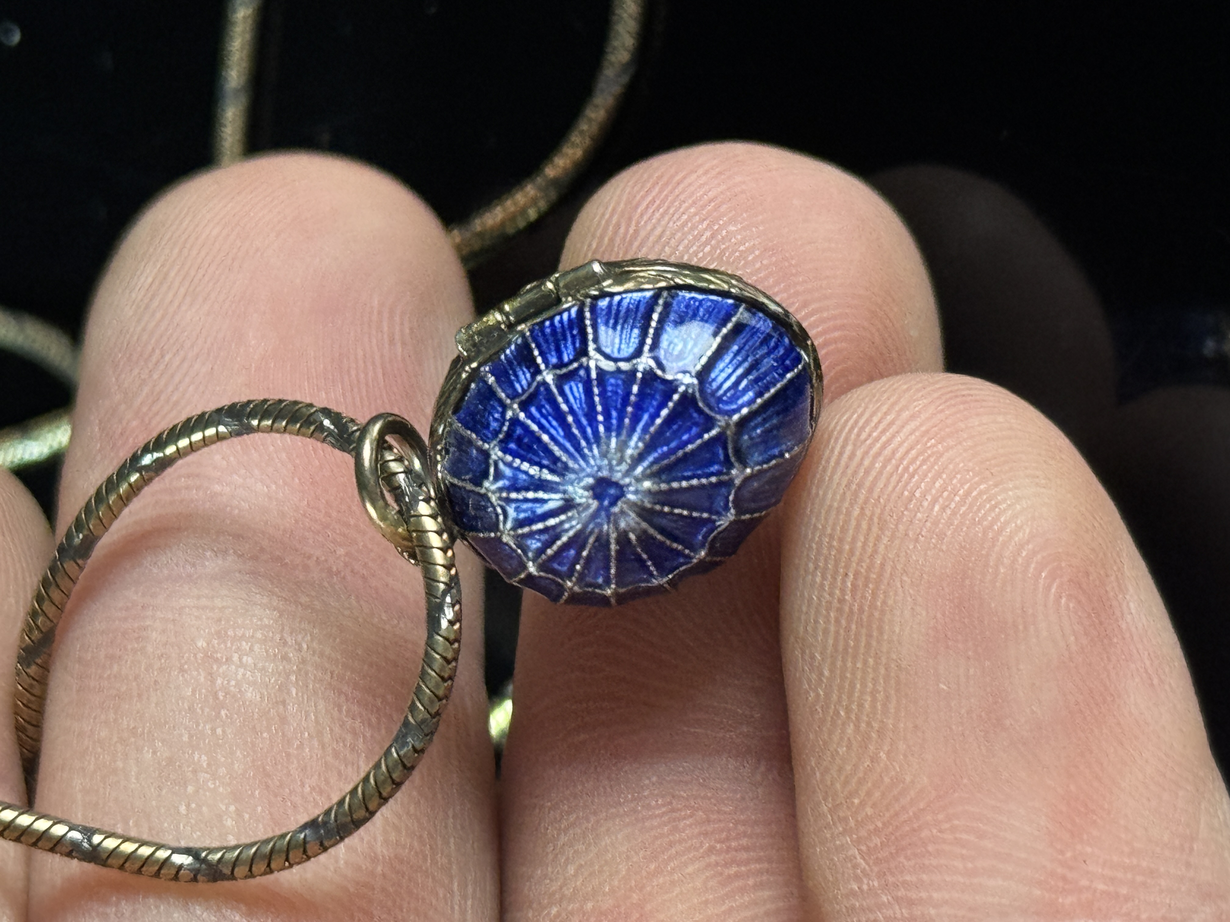 10K Gold Blue Guilloche Enamel Spiderweb Surprise Locket Necklace