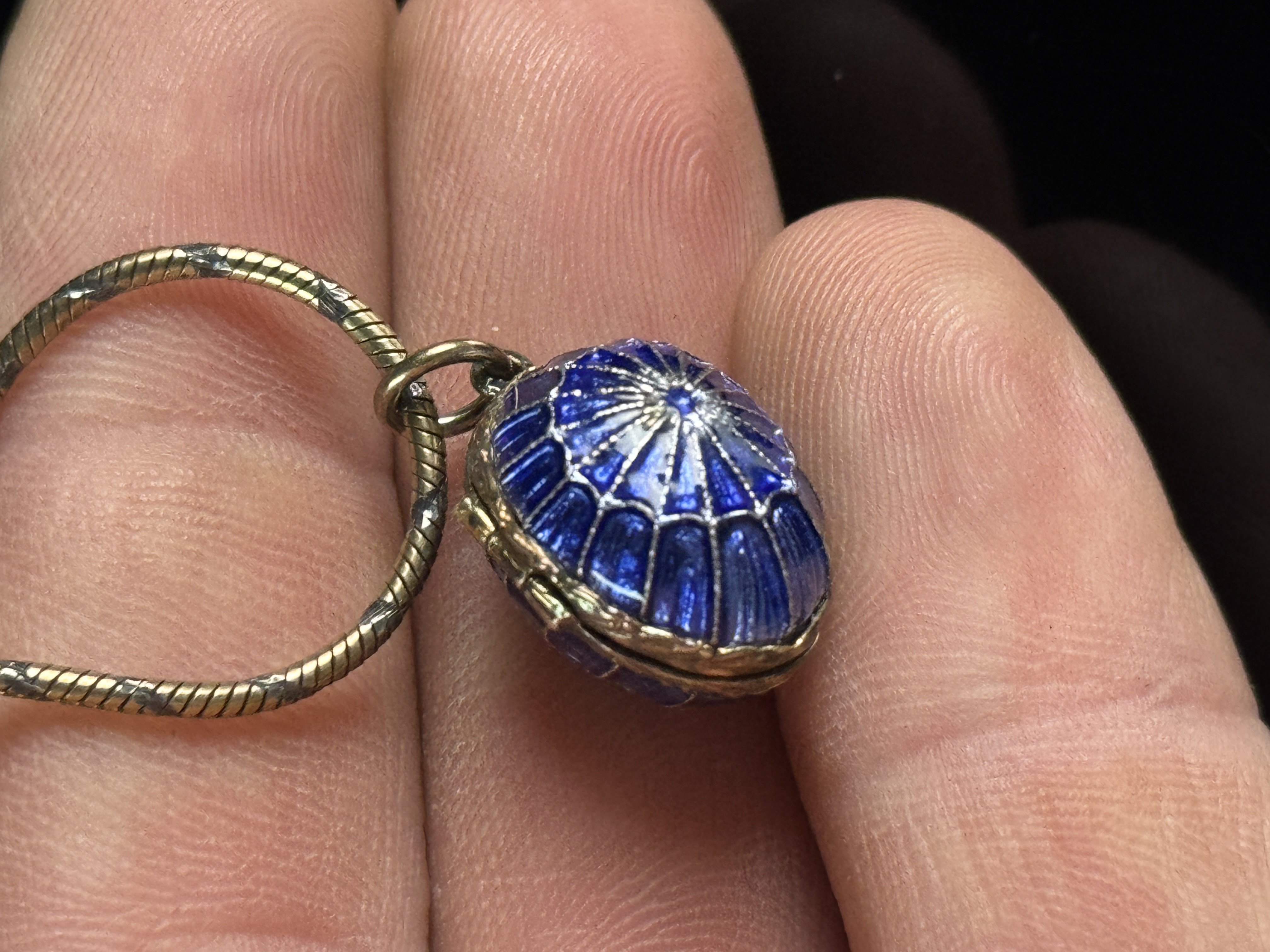 10K Gold Blue Guilloche Enamel Spiderweb Surprise Locket Necklace