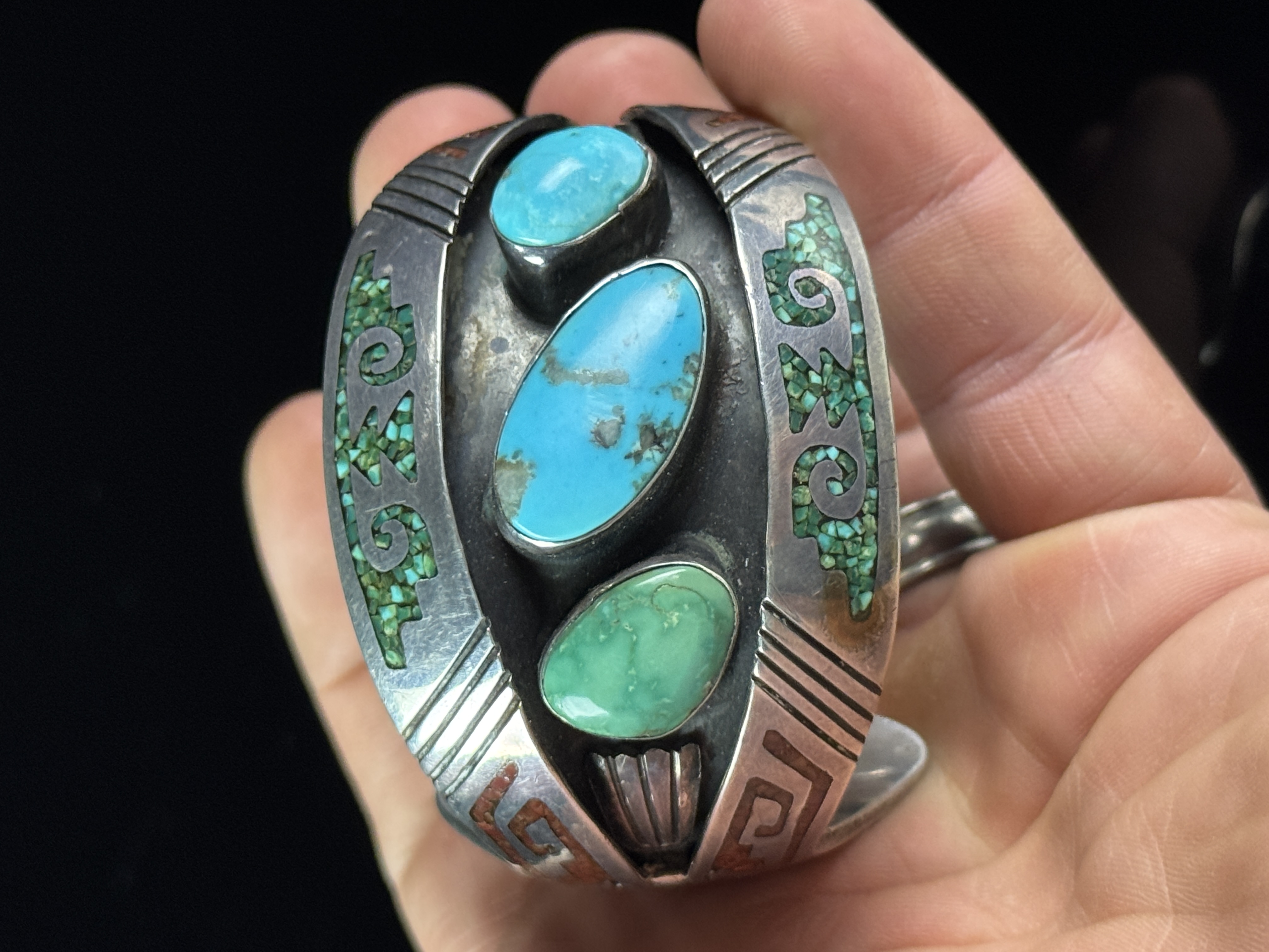Della and Oscar Chino Acoma Pueblo Silver and Turquoise Wide Cuff Bracelet