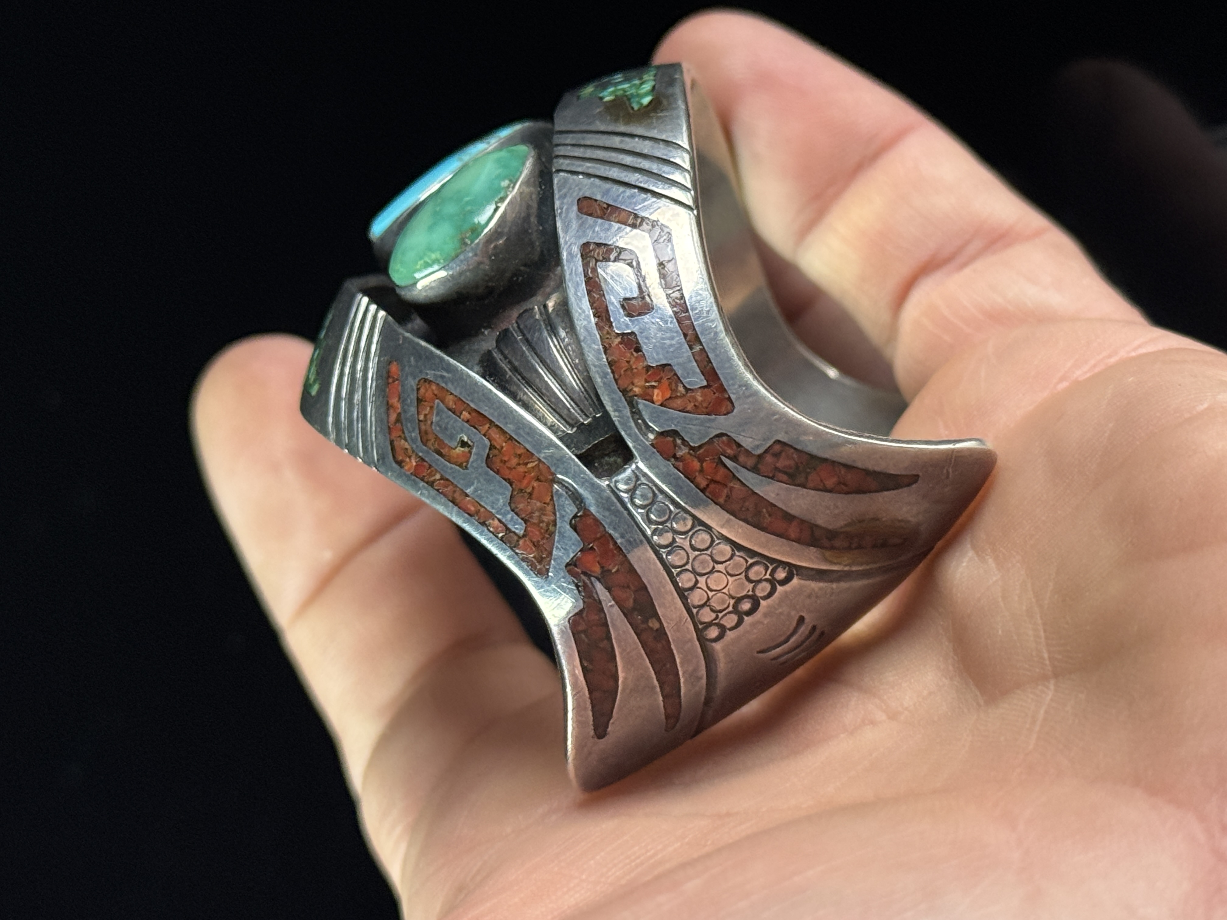 Della and Oscar Chino Acoma Pueblo Silver and Turquoise Wide Cuff Bracelet