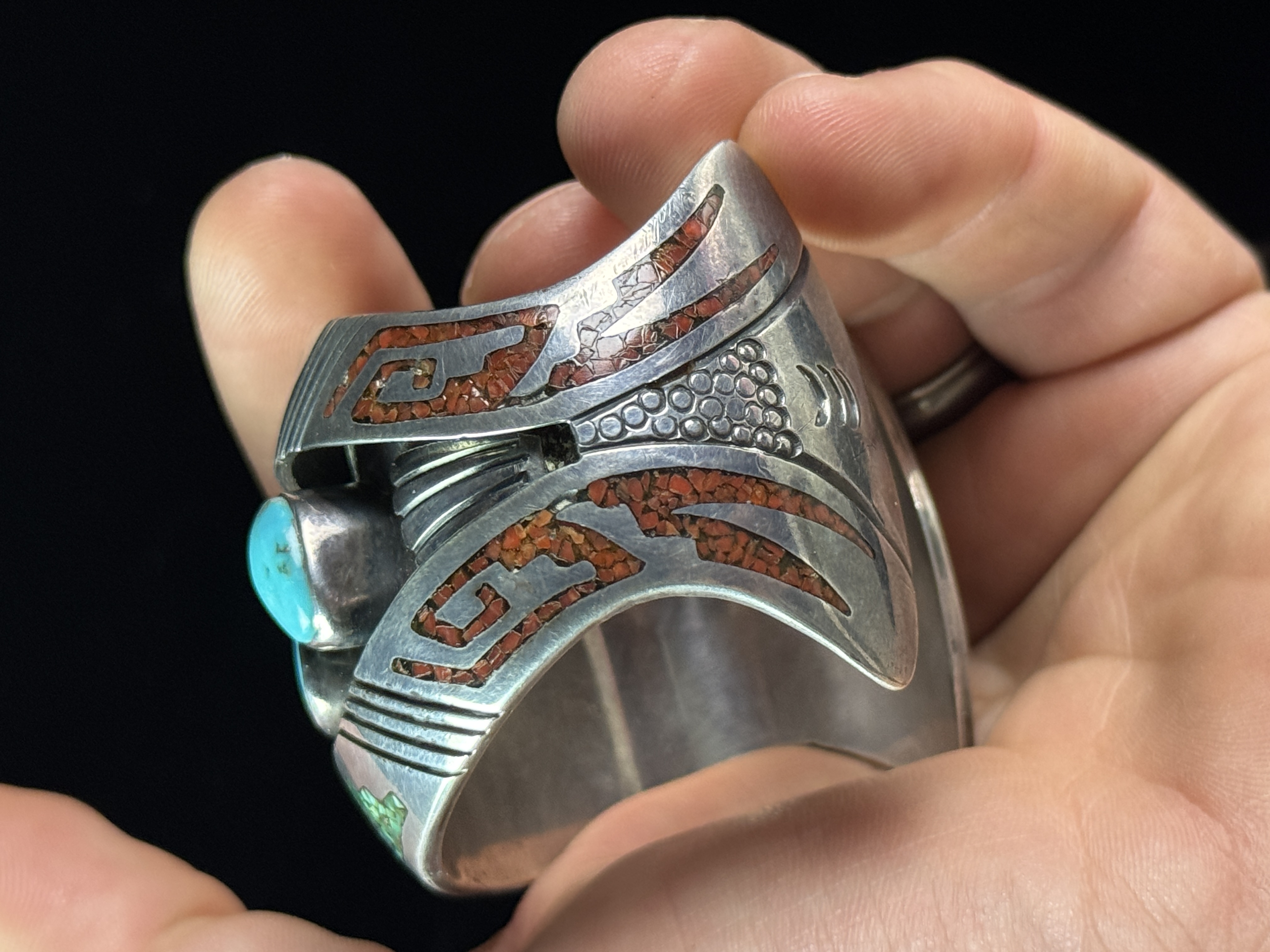 Della and Oscar Chino Acoma Pueblo Silver and Turquoise Wide Cuff Bracelet
