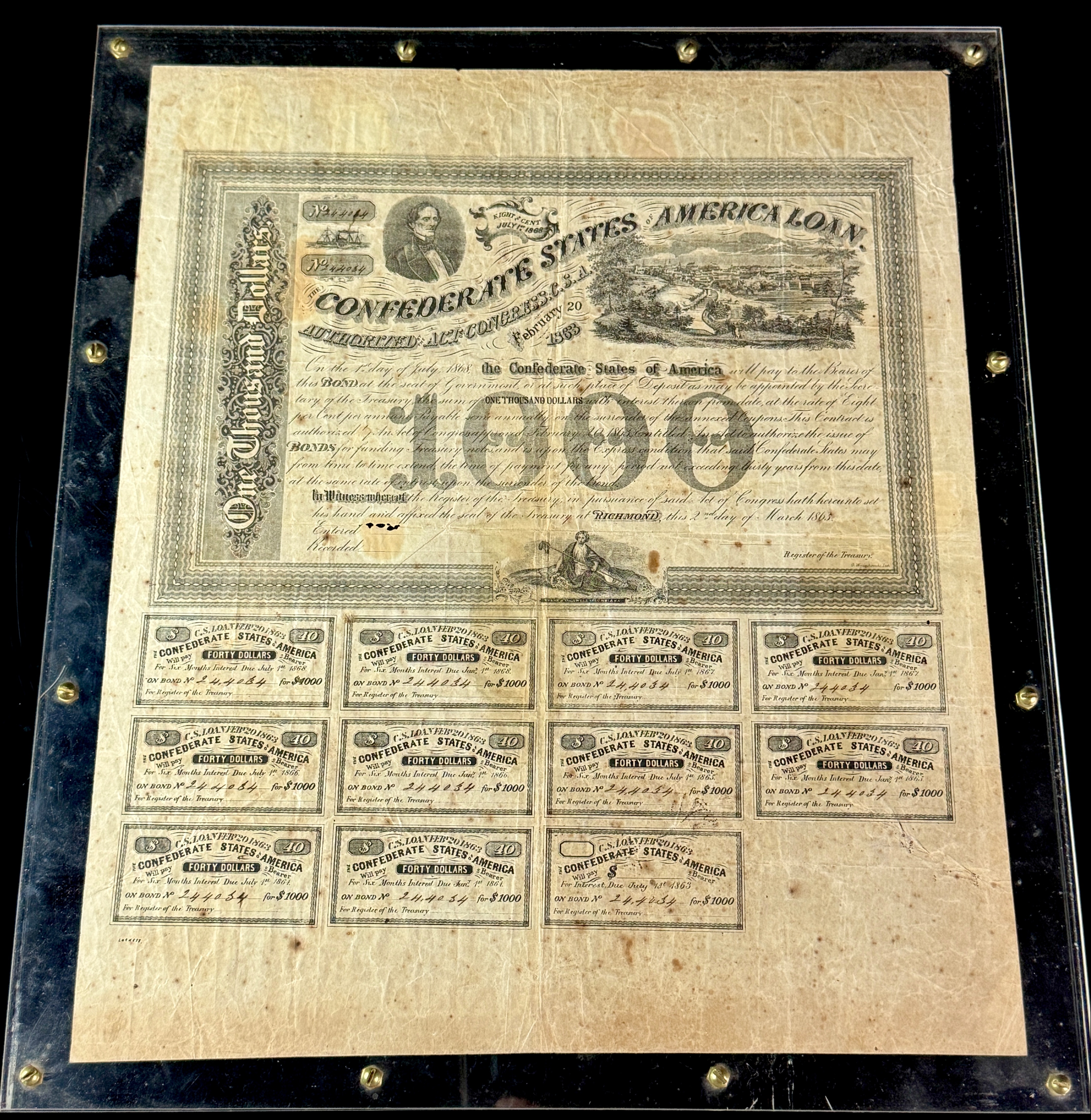1863 Confederate States of America $1000 Loan Bond with 11 Interest Coupons