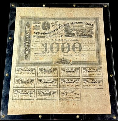 1863 Confederate States of America $1000 Loan Bond with 11 Interest Coupons. This original 