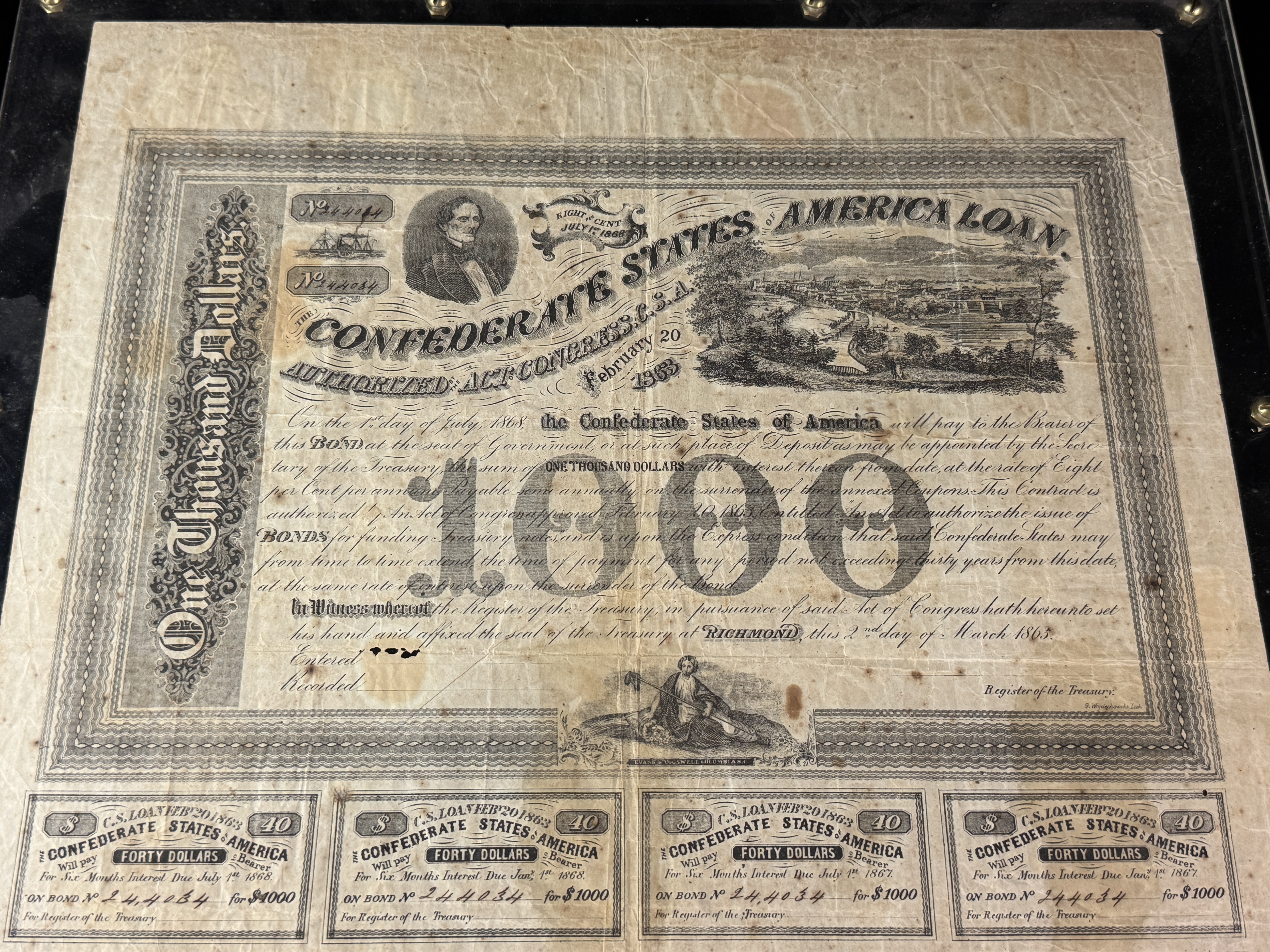 1863 Confederate States of America $1000 Loan Bond with 11 Interest Coupons