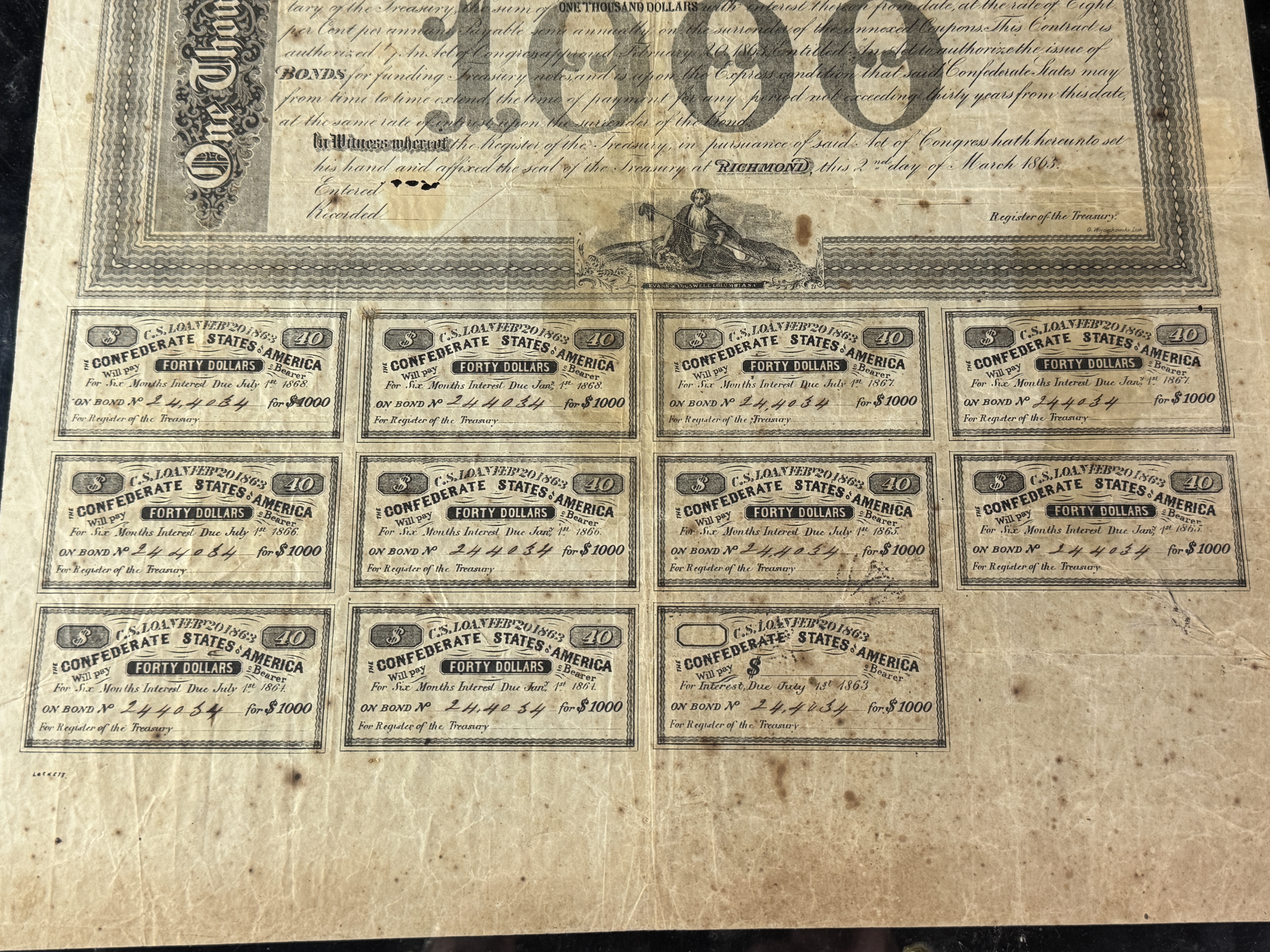 1863 Confederate States of America $1000 Loan Bond with 11 Interest Coupons